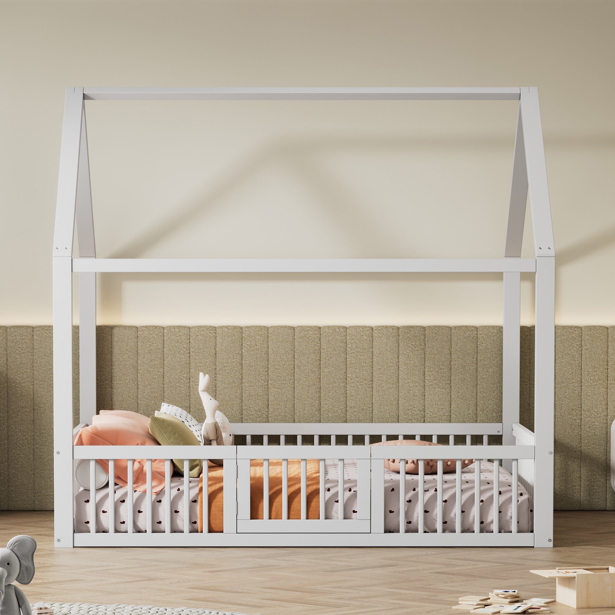 Flieks Massivholzbett, Kinderbett Doppelbett Hausbett mit Sicherheitsgitter günstig online kaufen