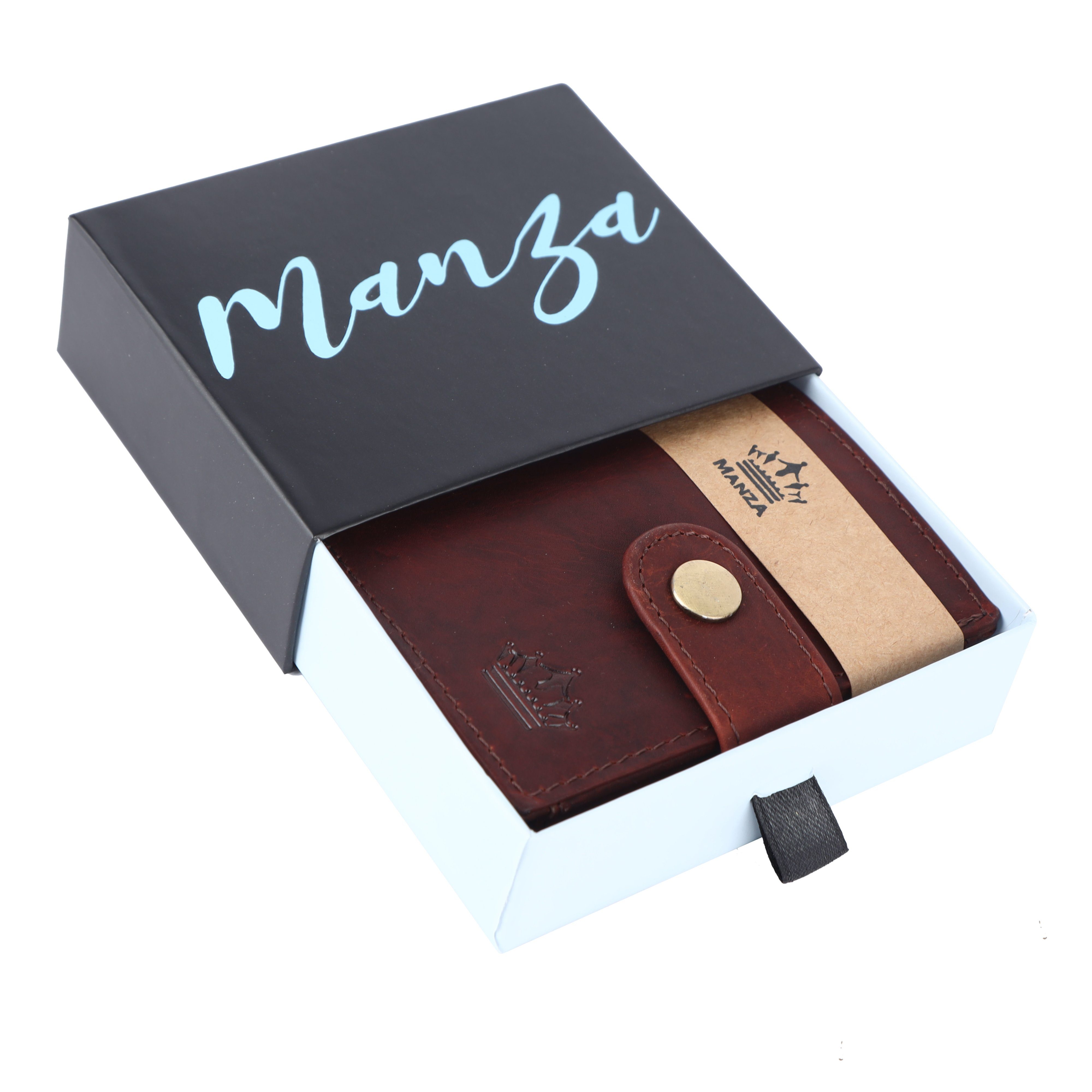 Manza Mini Geldbörse Slim Wallet Geschenkbox Reißverschluss, Münzfach Kartenhalter, Geldbörse Braun und mit Münzfach, RFID-Schutz RFID mit Blocker, Geschenkbox