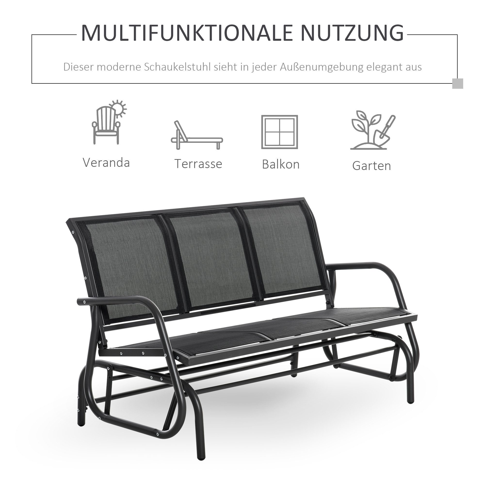 CHICFURN Gartenbank 2-Sitzer Schaukelstuhl in Schwarz aus Metall, 120x70x88 cm (Packung, 1-St., Gartenschaukel & Parkbank für Terrasse, Garten & Balkon), Sitzbank mit Schaukel-Funktion für entspannte Stunden im Freien