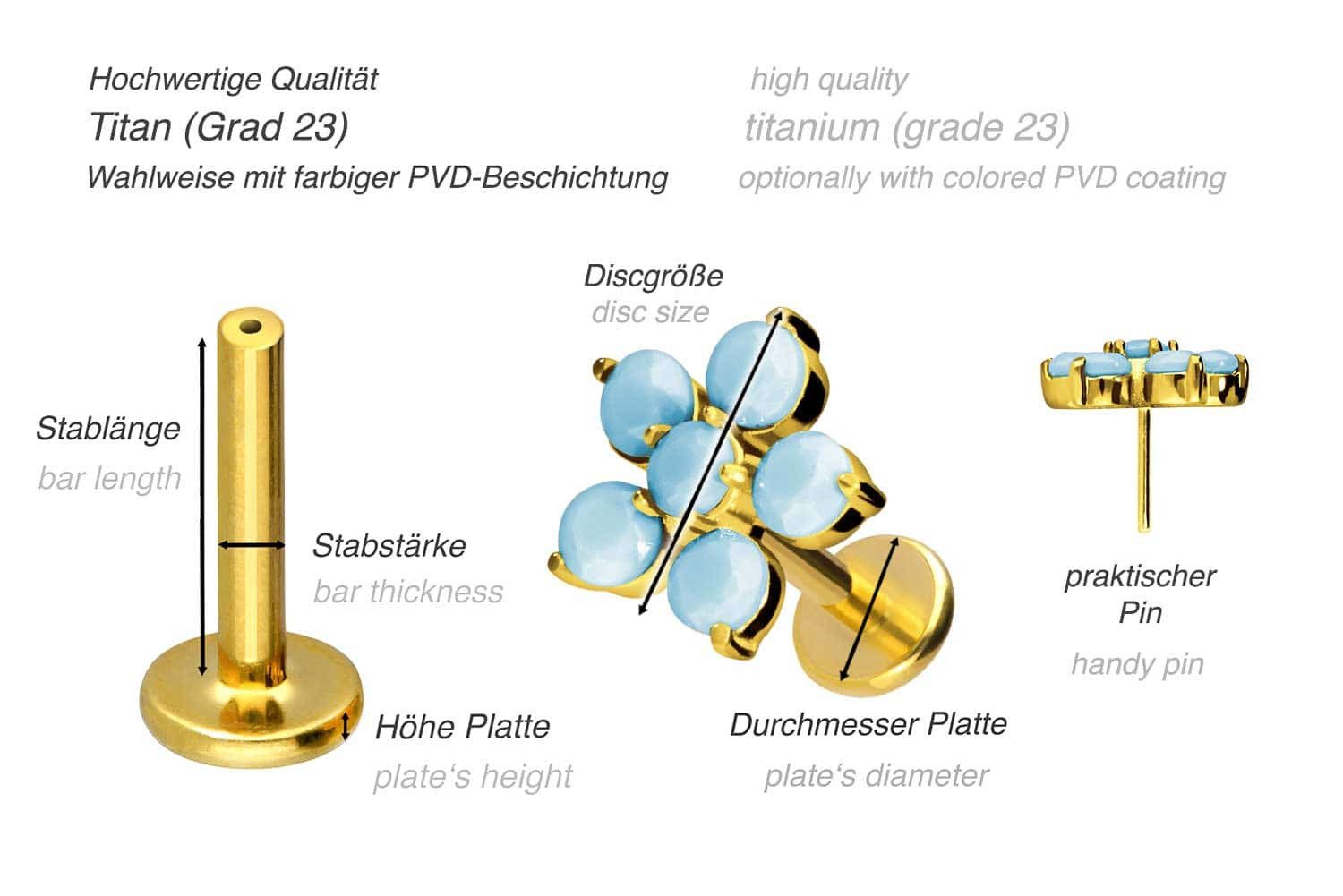 PIERCINGLINE Piercing-Set Titan Labret mit Push Fit BLUME + SYNTHETISCHE TÜRKISE (Labrets, 1-tlg)