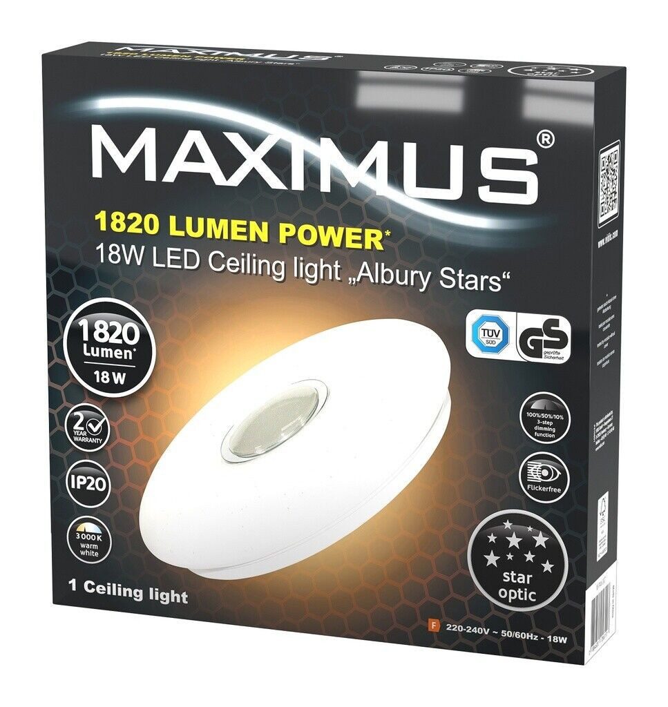 Maximus LED Deckenleuchte Lichtfarbe wählbar, Warmweiß, 3-stufige Dimmfunktion, 24 fest verbaute LEDs