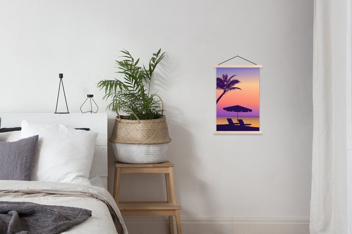 Sonnenschirm Magnetisch Posterleiste, Strandkorb - MuchoWow - Wohnzimmer, (1 St), Bilderleiste, - Poster Palme Textilposter Nacht, für