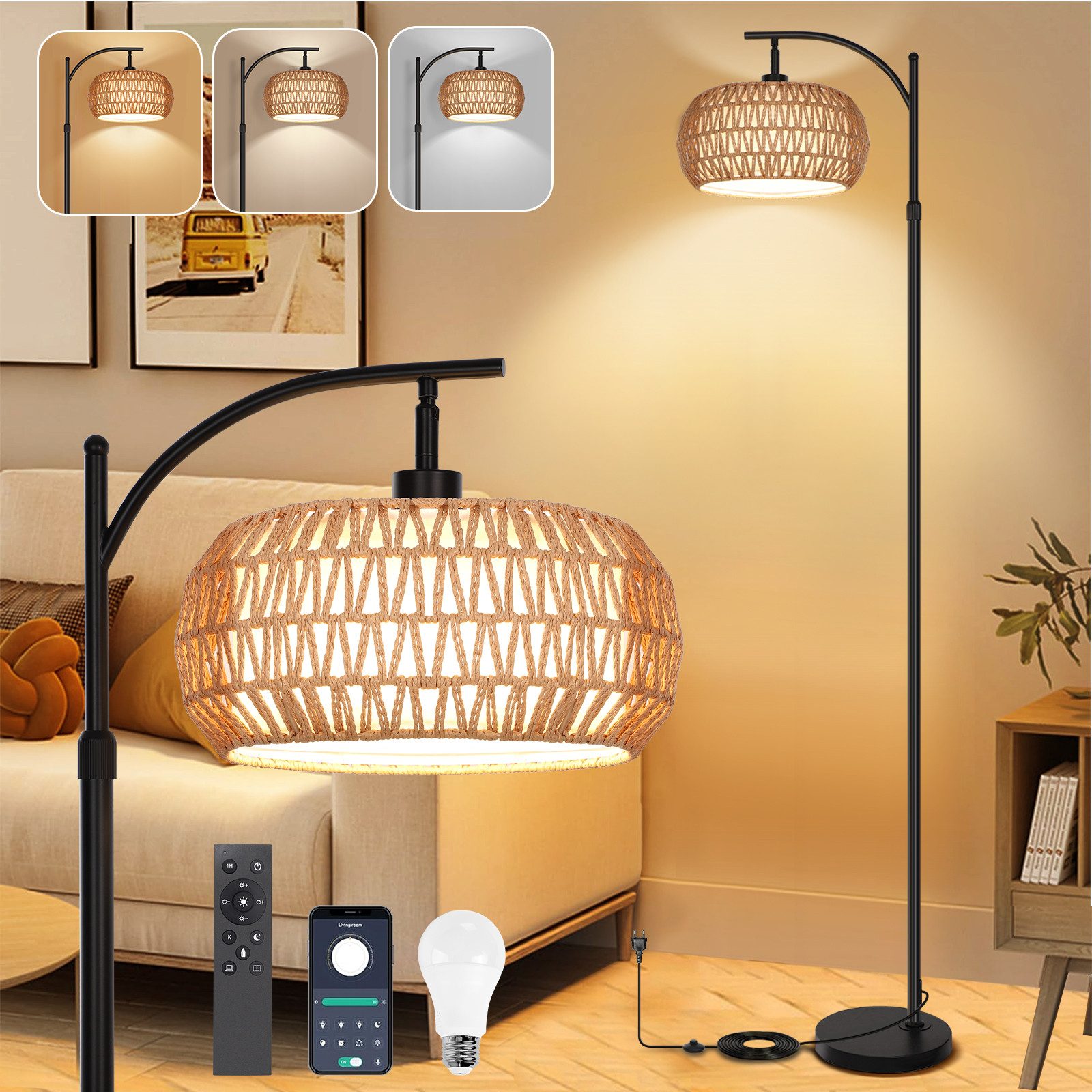 Bogenlampen LED Stehleuchten Dimmbare,Rattan Stehlampe mit Fernbedienung