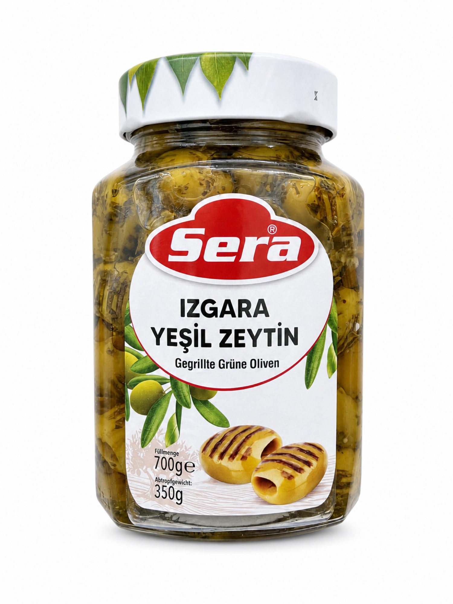 SERA FOOD Antipasti Sera Gegrillte Grüne Oliven Colossal 350g, 1 x 350 g, Colossal Oliven, Auf offener Flamme gegrillt, Rauchiges Aroma