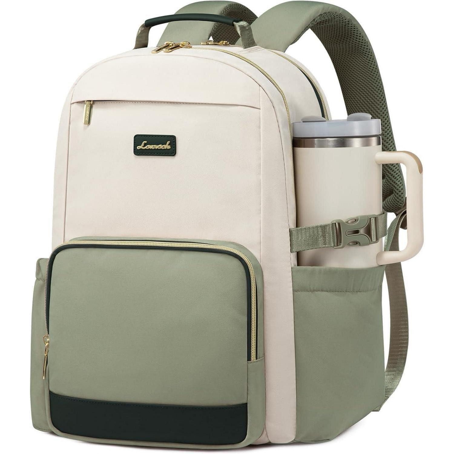LuxusKollektion Laptoprucksack Rucksack Damen Laptop Schulrucksack Beige Grün 15.6 zoll