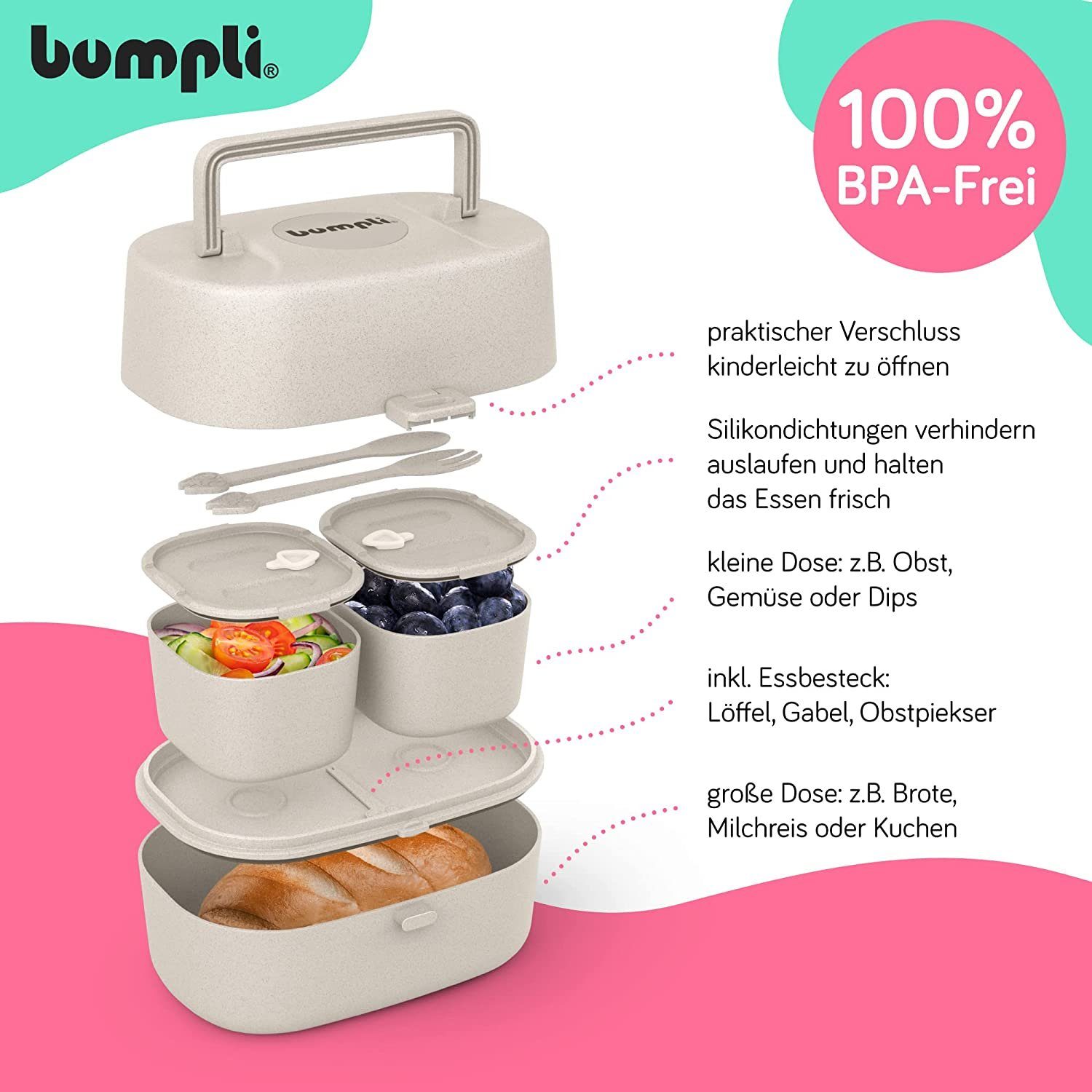 bumpli® Lunchbox Kinder Brotdose mit 6 auslaufsichere sichere Namenssticker - gratis und Grau BPA-freie Nutzung, & Vesperdose Fächern