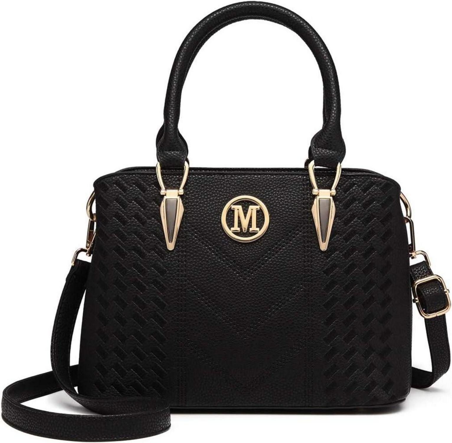 Handtasche Damen Handtasche Mittelgroß Lychee Muster Schwarz PU-Leder