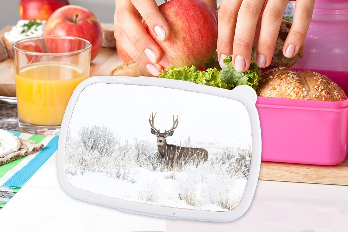 MuchoWow Lunchbox für Weiß, Mädchen, - Kunststoff Hirsche Jahreszeiten - - Schnee Brotbox Brotdose Snackbox, Kinder, - Tiere (2-tlg), Erwachsene, - rosa Winter Kunststoff
