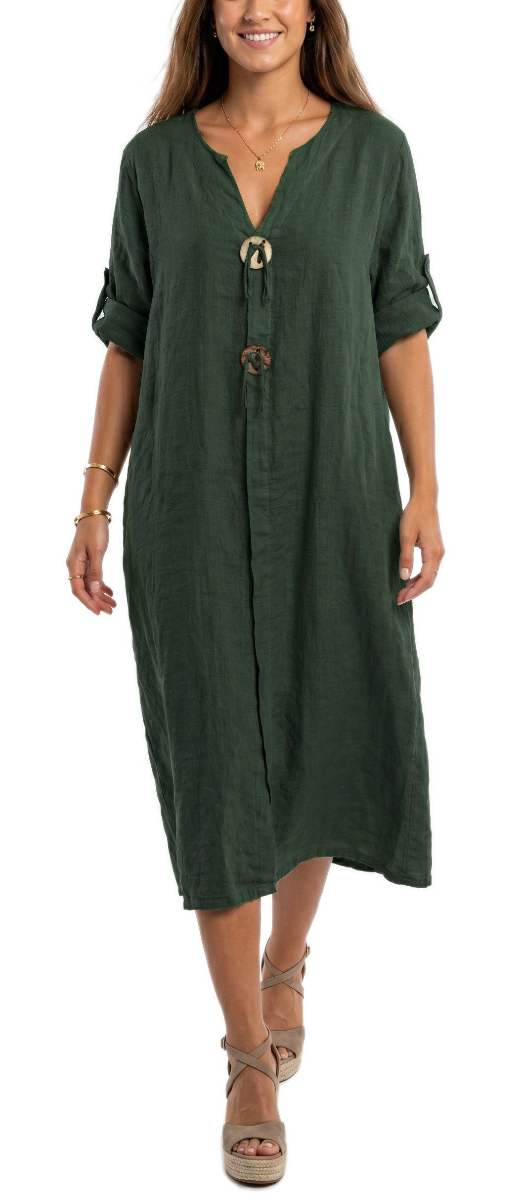 dy_mode Hemdblusenkleid Damen Leinenkleid Midi Hemdblusenkleid mit V-Ausschnitt Freizeitkleid in Unifarbe, V-Ausschnitt, mit seitlichen Eingriffstaschen