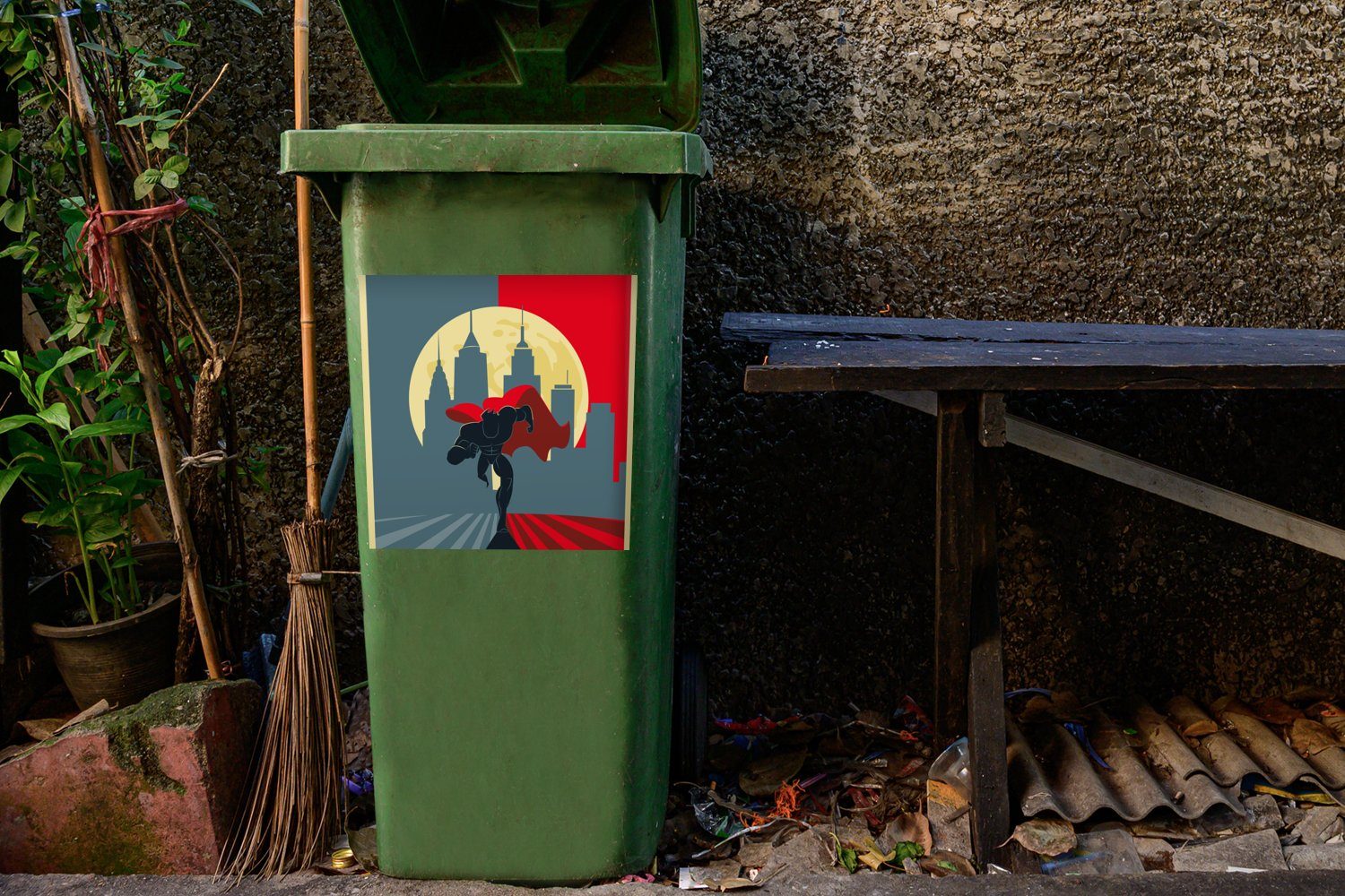MuchoWow Superhelden Mülleimer-aufkleber, - - Stadt Sticker, - Mond (1 St), Wandsticker Abfalbehälter Container, Urban Mülltonne,