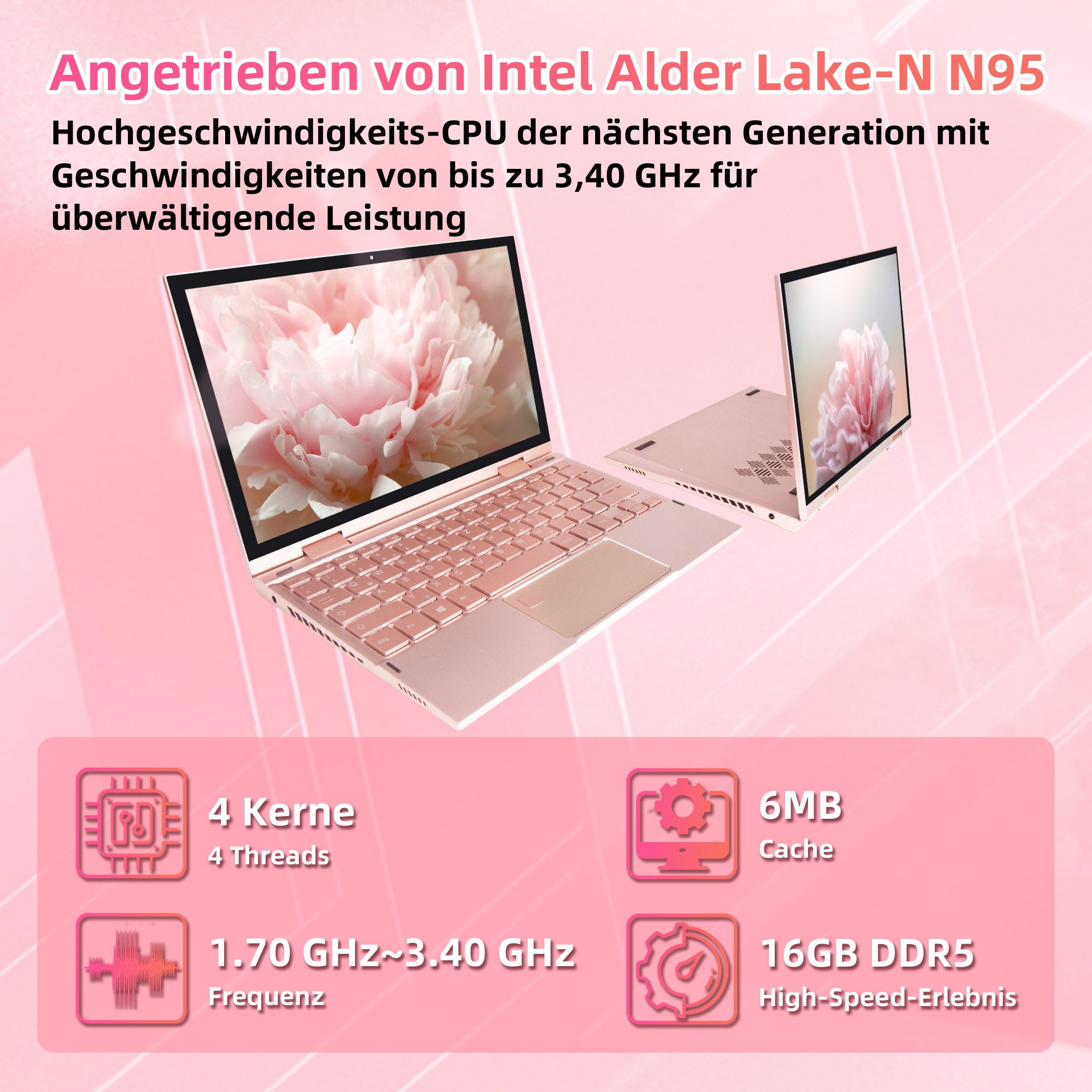 LONGEVINCE Rosa 2-in-1 Laptop mit 360°-Flip-Bildschirm, 16GB DDR5 Notebook (27,81 cm/10.95 Zoll, Intel Celeron N95, 16 GB, 238 GB SSD, Rosa Ultrabook, Mini-Laptop, 2K-Touchdisplay)