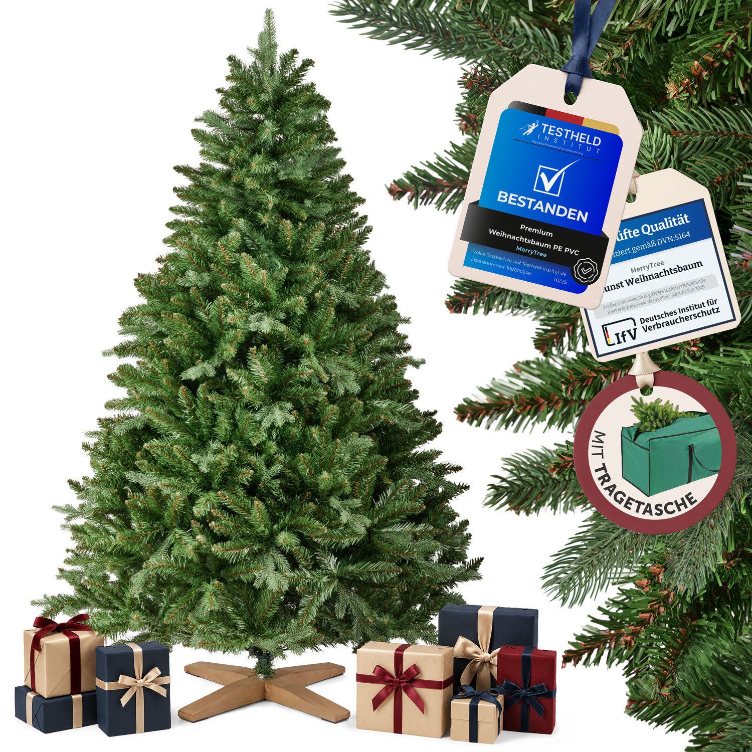 MERRY TREE Künstlicher Weihnachtsbaum Premium künstlicher Weihnachtsbaum aus naturgetreuem PVC + PE, Nordmanntanne, Spritzguss Mix mit massivem Holzfuß, mit und ohne Beleuchtung