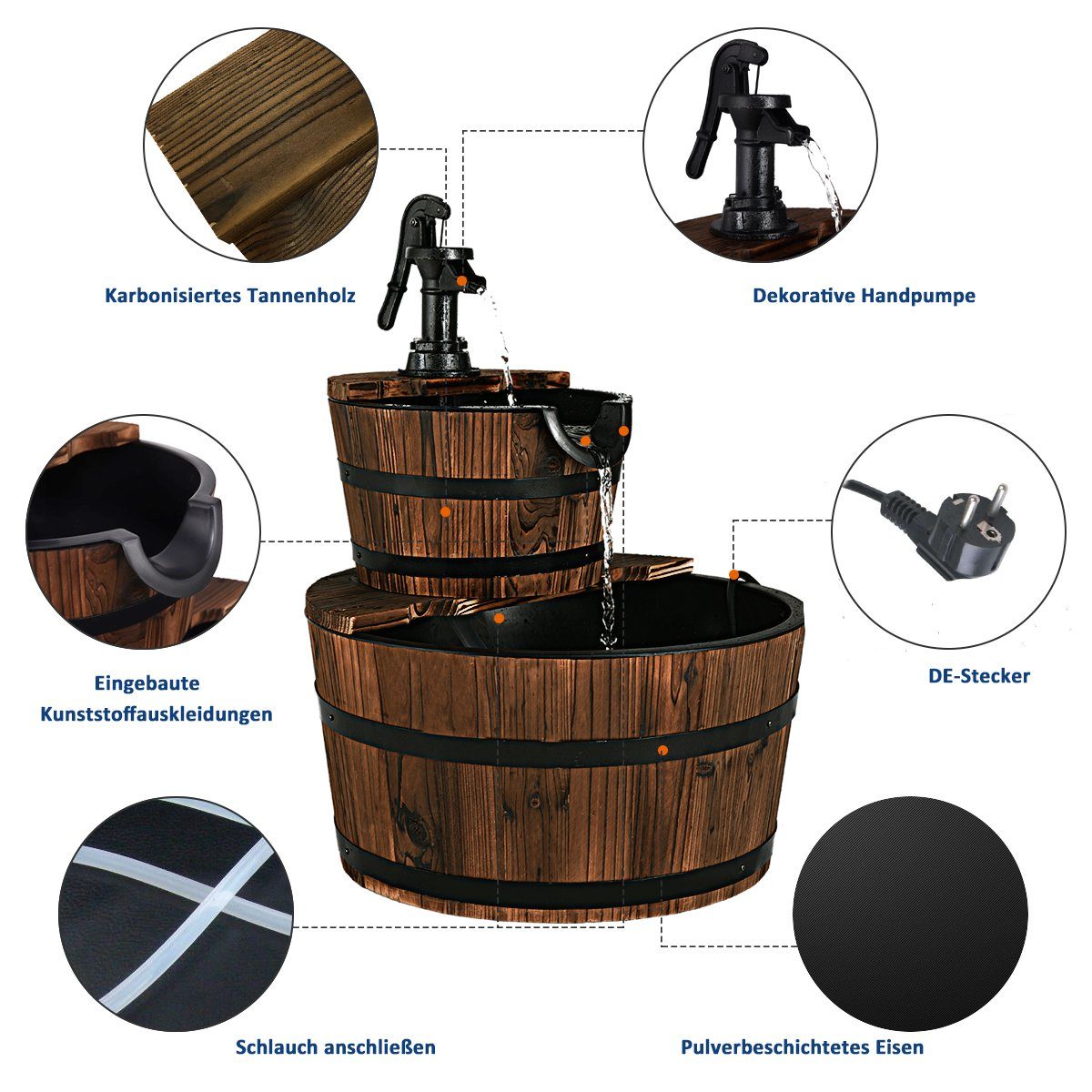 COSTWAY Gartenbrunnen Holz, Wasserbecken BxT: 44,50x44,50 cm, Wasserpumpe