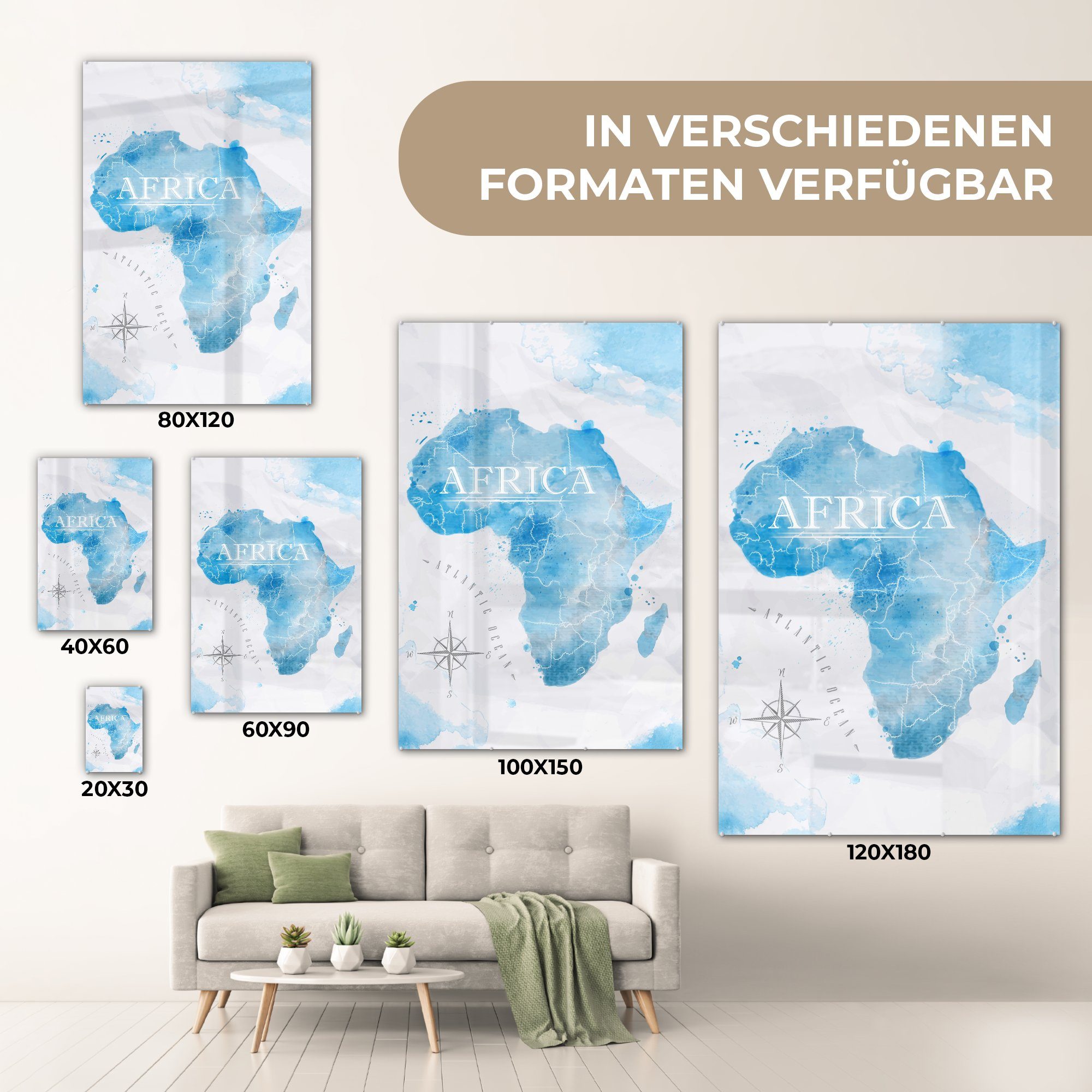 MuchoWow Glas - St), Bilder Wandbild - - Afrika Glas Karten (1 Acrylglasbild Foto - auf - Wanddekoration auf Glasbilder Aquarell,