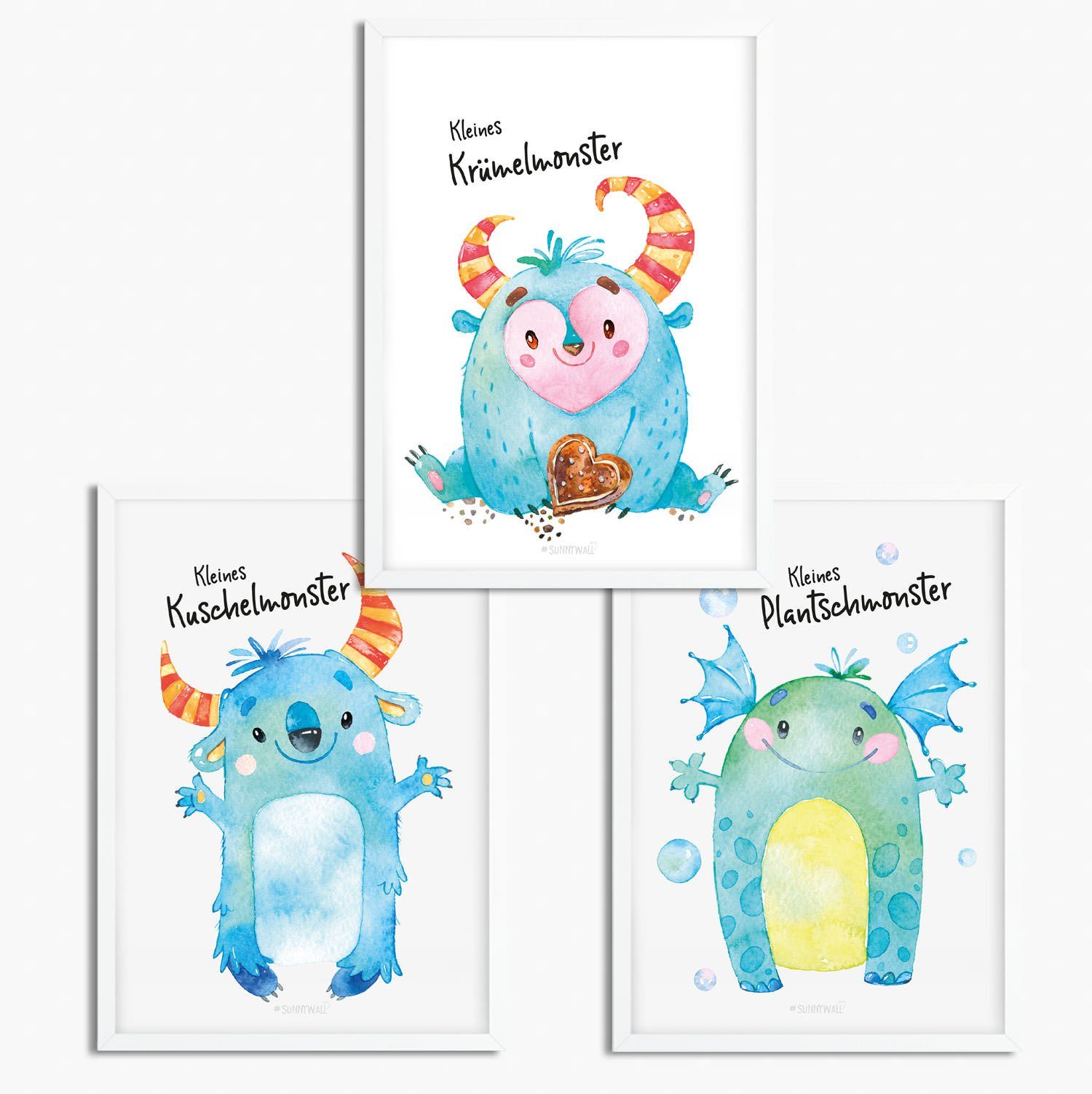 Sunnywall Poster Poster Kinderzimmer Monster (3er Set), Monster, Krümelmonster, Kuschelmonster,Plantschmonster (Set, 3 St), ungerahmt