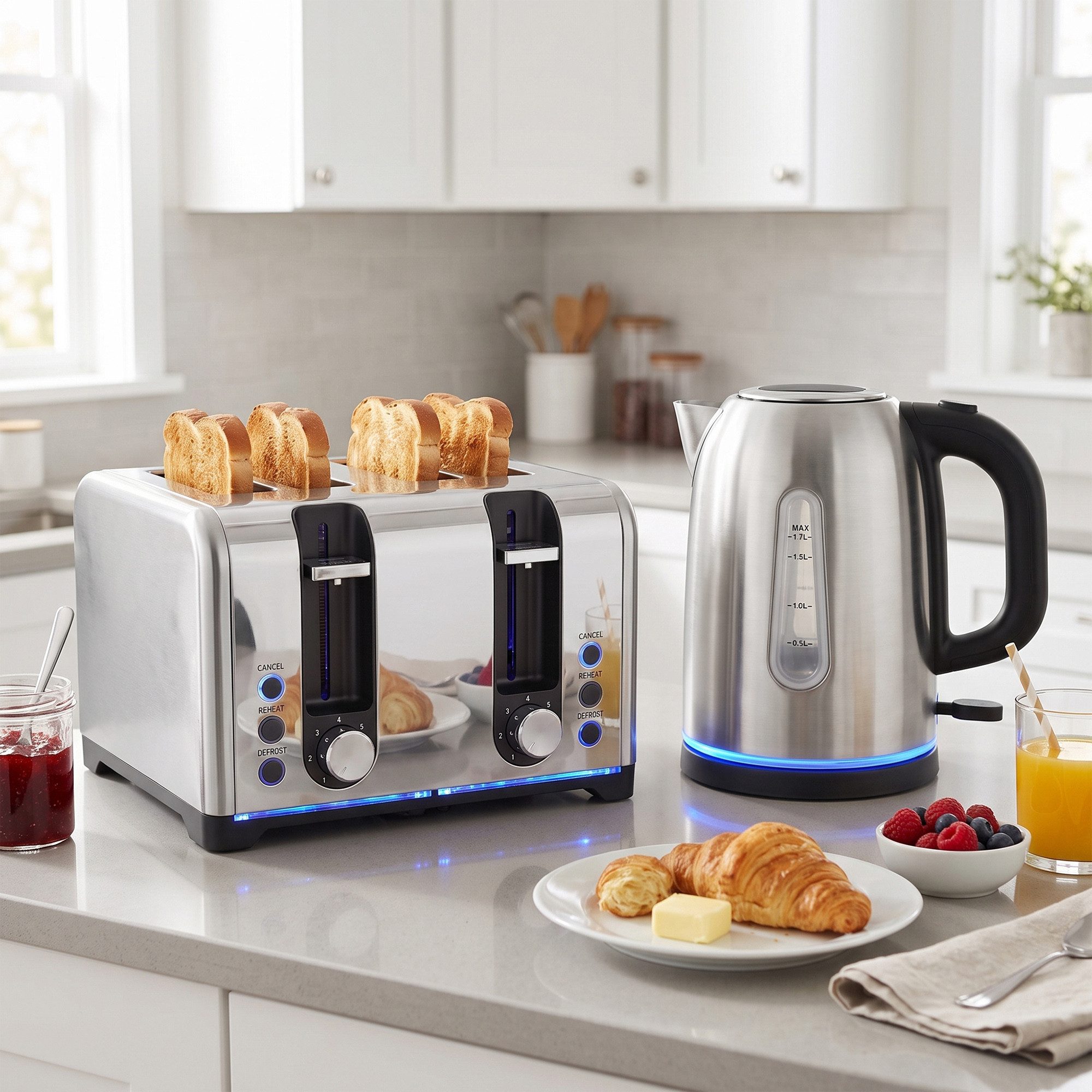 HOMCOM Frühstücks-Set Wasserkocher und Toaster Set, 1,7L Schnellkoch-Wasserkocher (1-tlg), Toaster- und Wasserkocher-Set, Silber