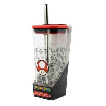 Super Mario Becher Super Mario Pilz Trinkbecher mit Edelstahl Trinkhalm 540 ml, Kunststoff