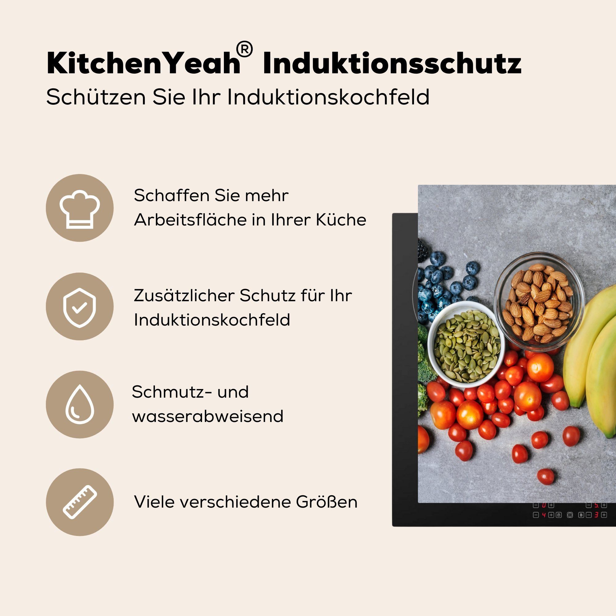 Induktionsmatte Gemüse die (1 tlg), 59x52 Obst für Vinyl, Ceranfeldabdeckung MuchoWow küche, Grau, cm, - Herdblende-/Abdeckplatte -