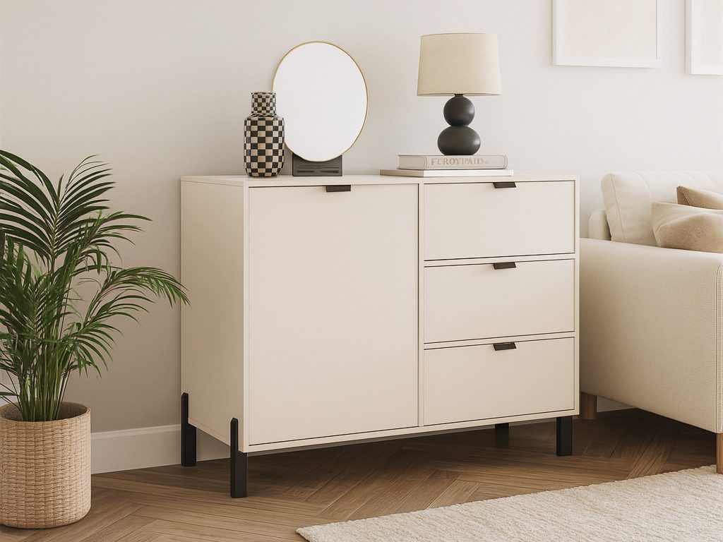 Beautysofa Kommode CORTINA Sideboard mit 1 Tür und 3 Schubladen (Metallgriffen, Farbe Sandbeige), Breite: 109 cm