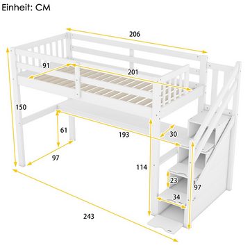 Ulife Hochbett Kinderbett Stauraumbett Funktionsbett Holzbett 90 x 200 cm, mit Stauraumschubladen und Unterbettschreibtisch