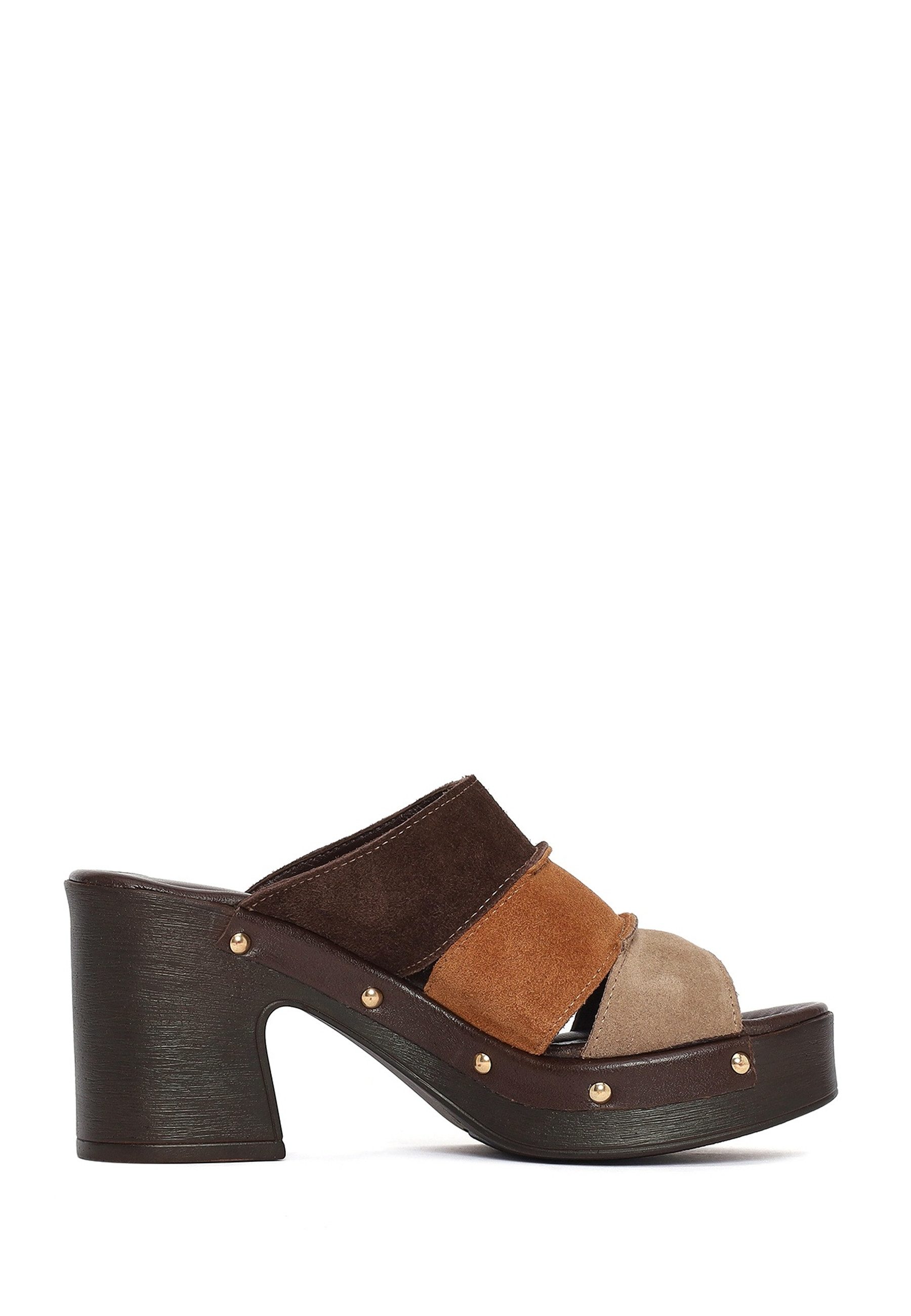 Derimod Pantoletten mit hohem Absatz aus Veloursleder Mules Echtes Leder, Lederfutter, TPU-Sohle, Blockabsatz, Schlupf-Stil