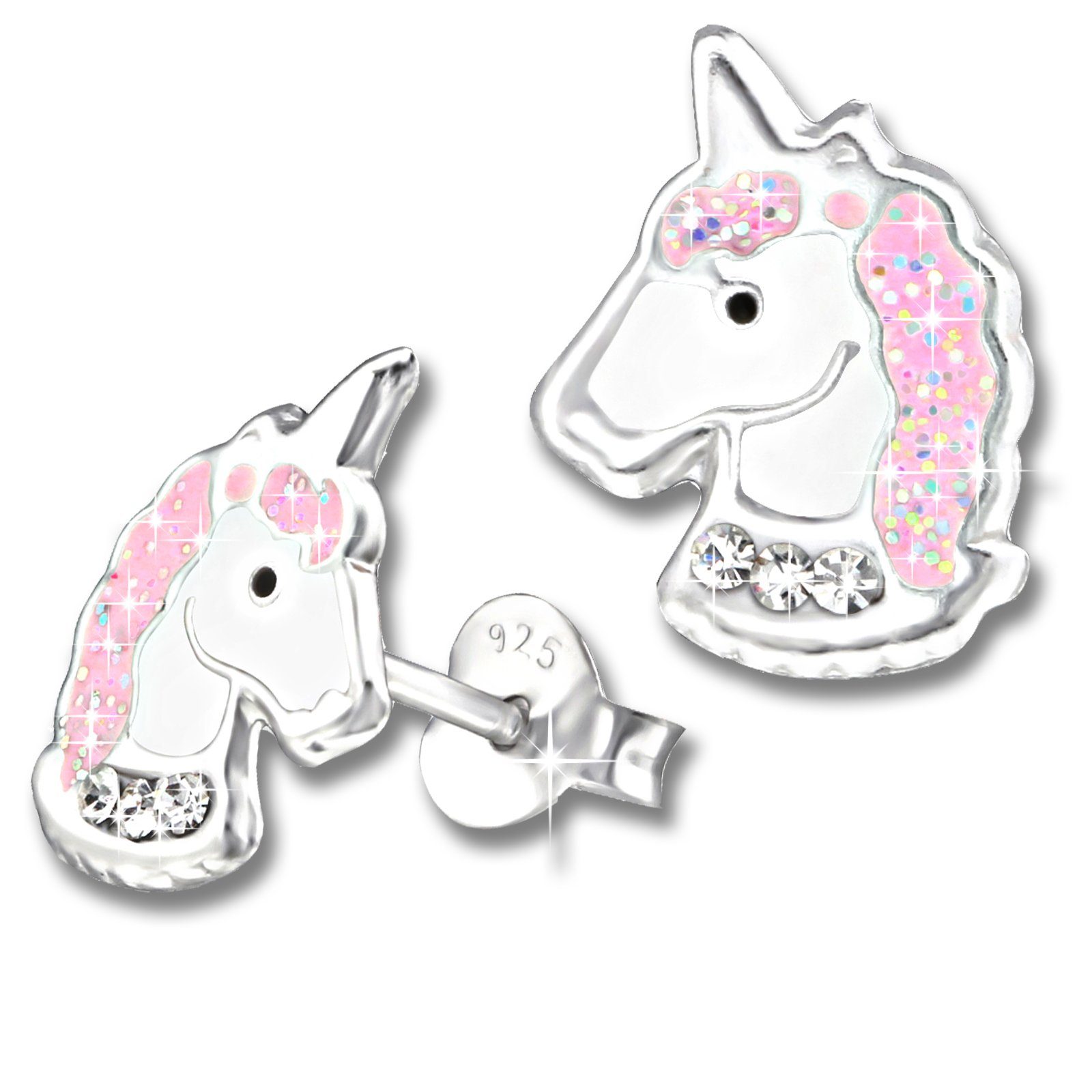 Mädchenschmuck, Kinder Limana Einhorn Ohrstecker Sterling Mädchen Pferde echt Ohrring-Set Edelstahl Herz, Glitzer, Kinderschmuck, Zirkonia 925 K207+K296o Silber Silberschmuck,