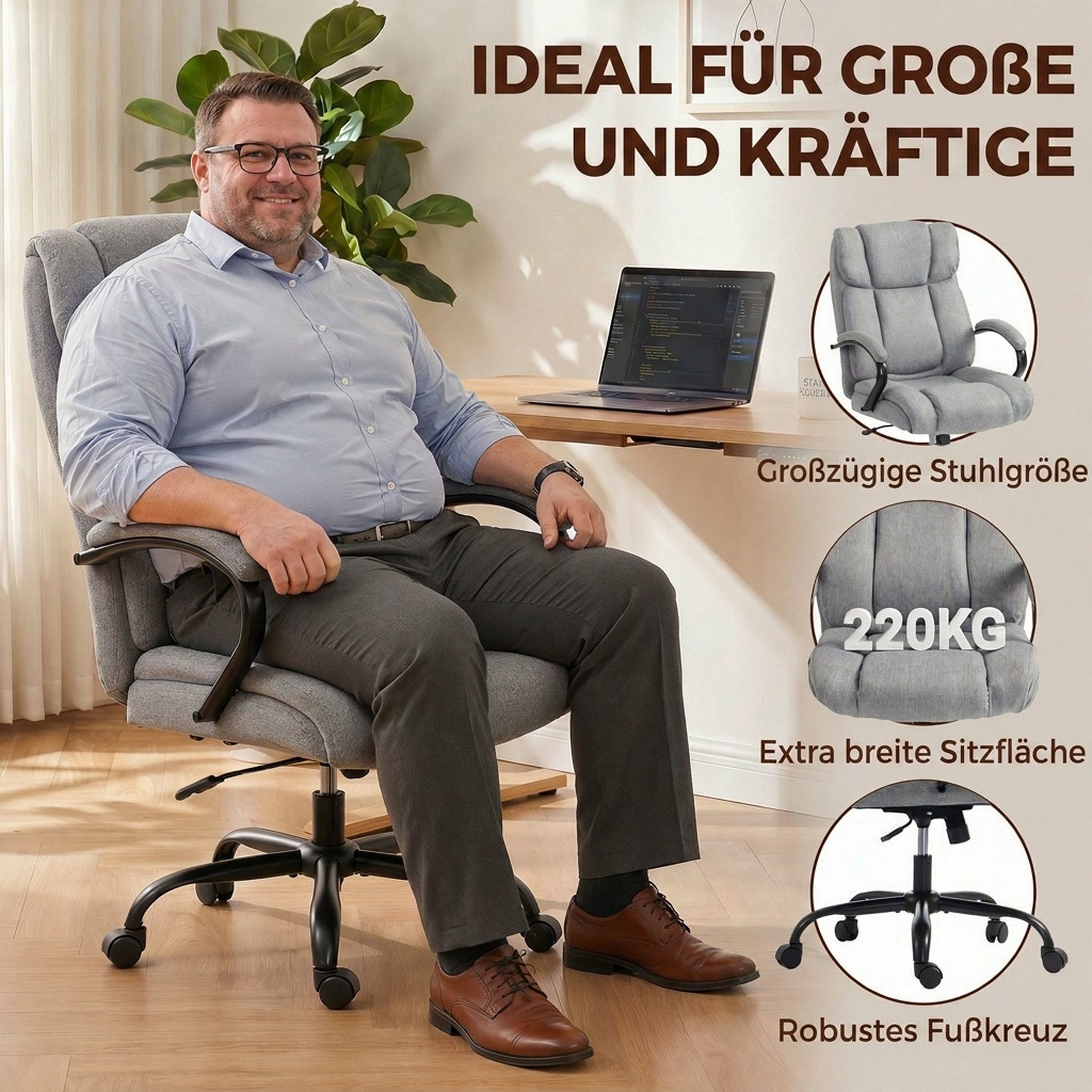 Vinsetto Bürostuhl Chefsessel, Gepolsterter Schreibtischstuhl, breit Sitz (Höhenverstellbarer Drehstuhl, 1 St), mit Wippfunktion, Leinenoptik, bis 220 kg belast – Bild 4 von 5