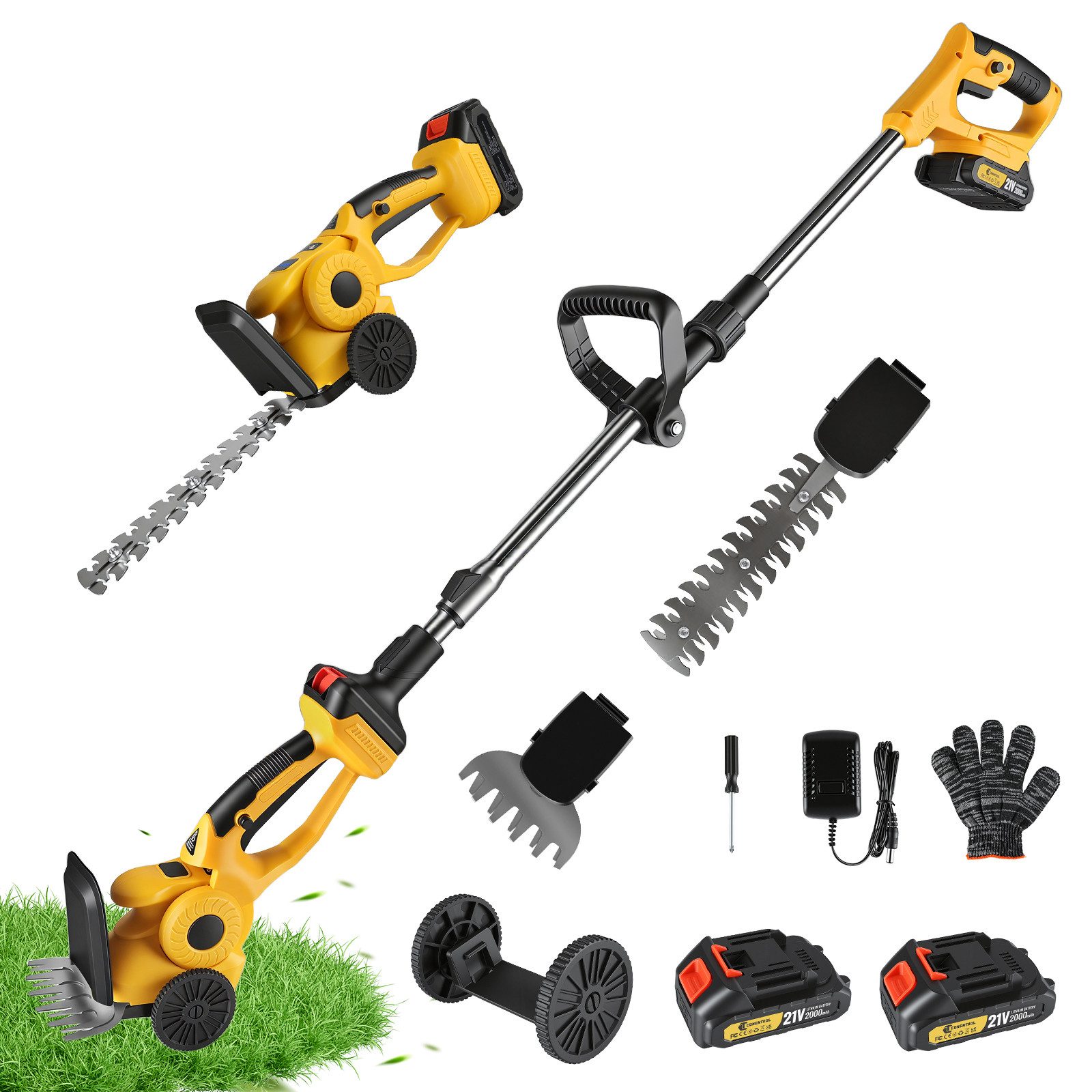 CONENTOOL Akku-Grasschere 2-in-1 Akku Heckenschere 21V, 2x 2000mAh, mit Teleskopstange 100-126cm, SK5 Klingen, mit 23/5cm Schnittlänge