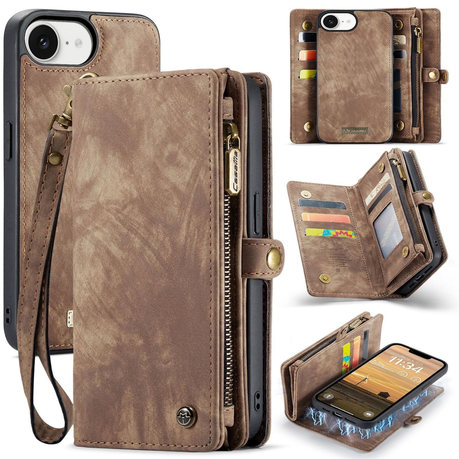 CaseMe Handyhülle Für Apple iPhone 16e Kunstleder Multifunktion Zipper Tasche Braun, Kunstleder Schutz Tasche Smart Case Multifunktion