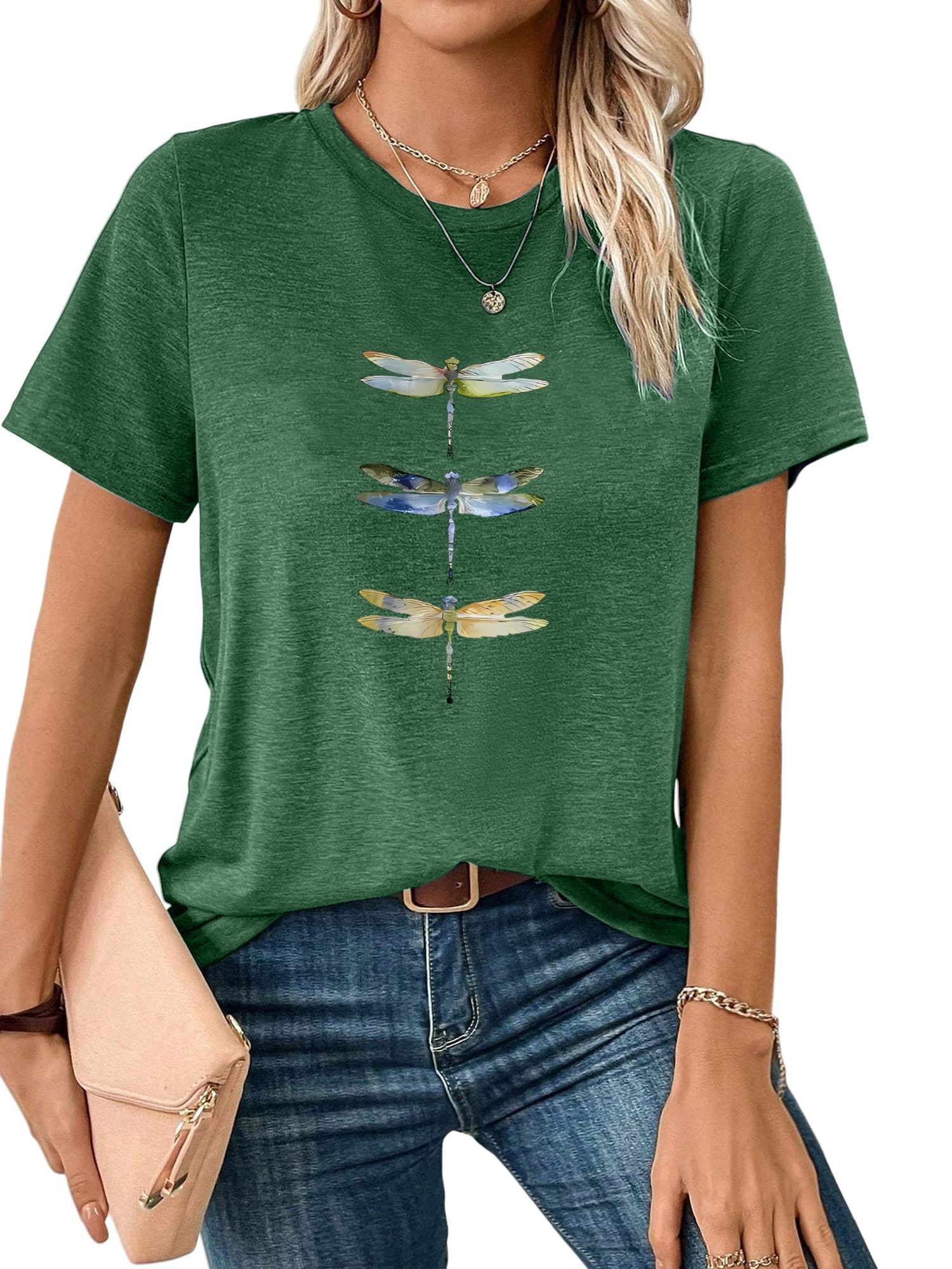 Kurzarmbluse Damen bequemes Sommer Kurzarmbluse Locker Libelle Print-Shirt
