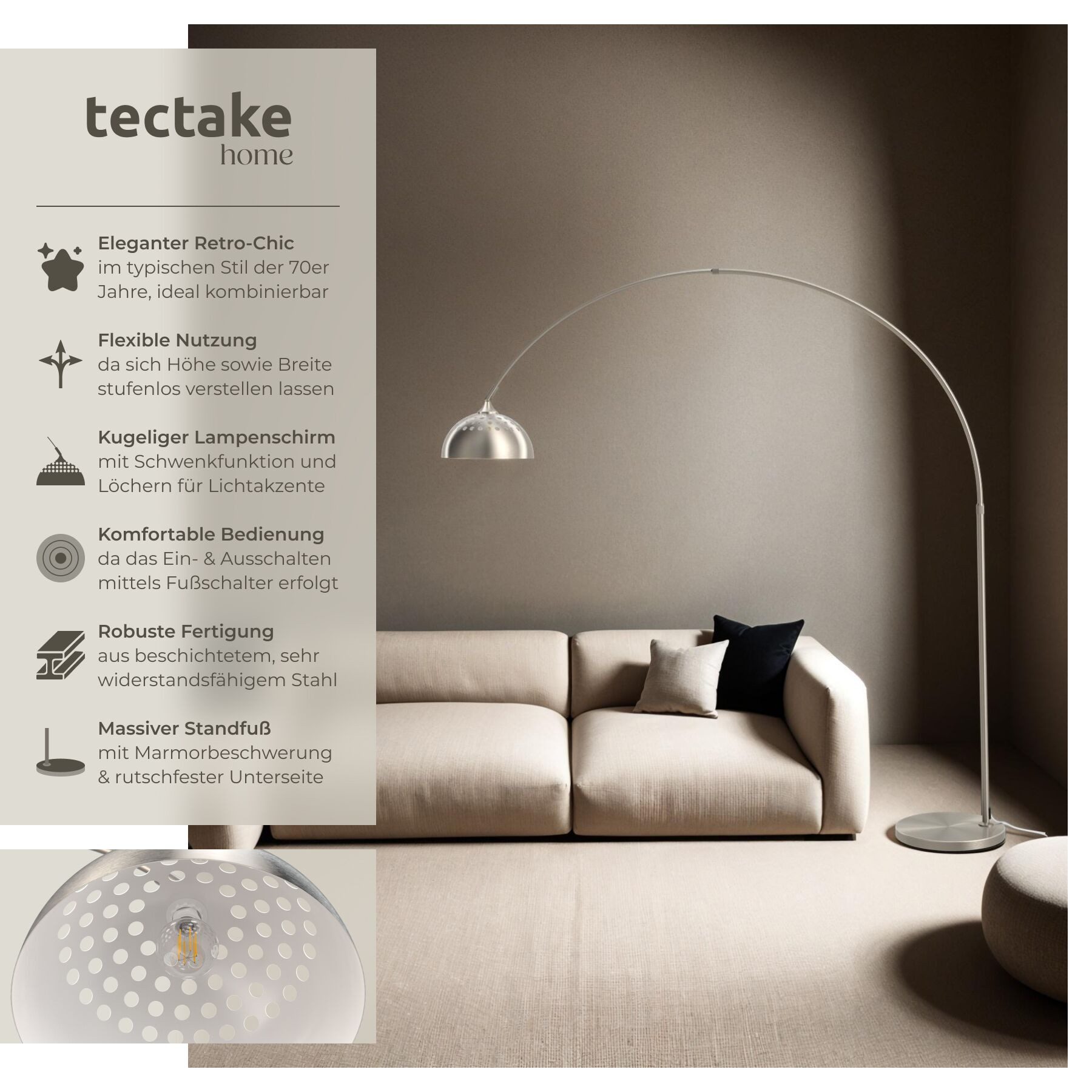 tectake Stehlampe Bogenleuchte, LED, Verstellbare Bogenlampe aus Stahl im eleganten Retro-Design