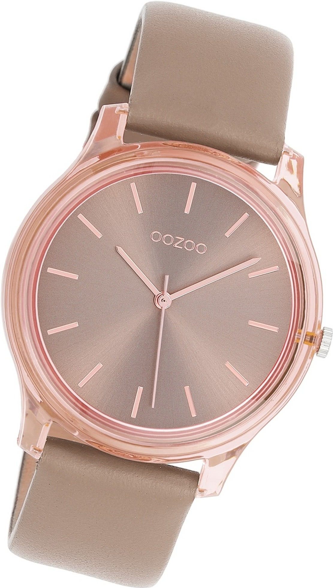 OOZOO Quarzuhr Oozoo Damen Armbanduhr Timepieces, Damenuhr Lederarmband taupe, braun, rundes Gehäuse, mittel (ca. 36mm)