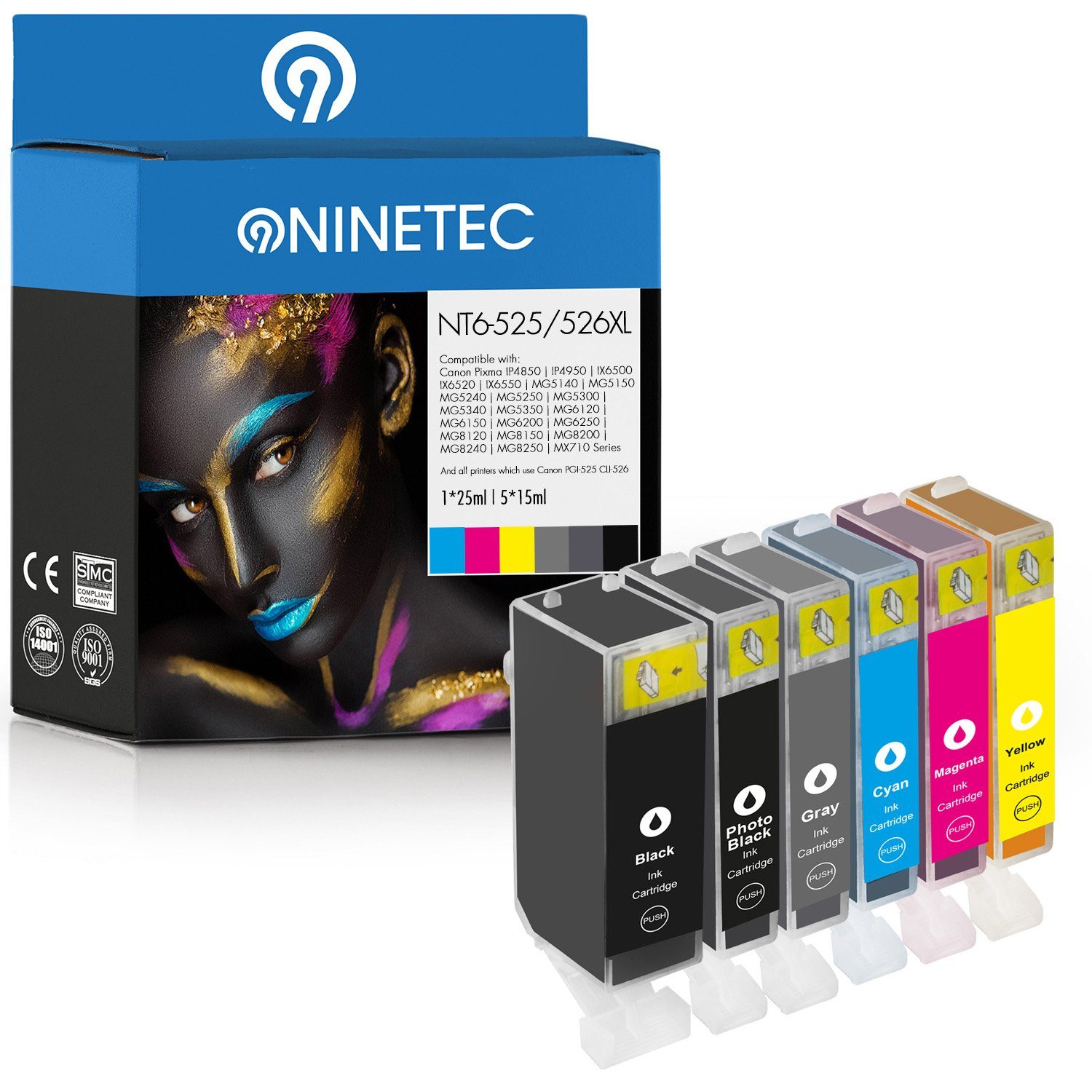 NINETEC 6er Set ersetzt Canon PGI-525 CLI-526 Tintenpatrone