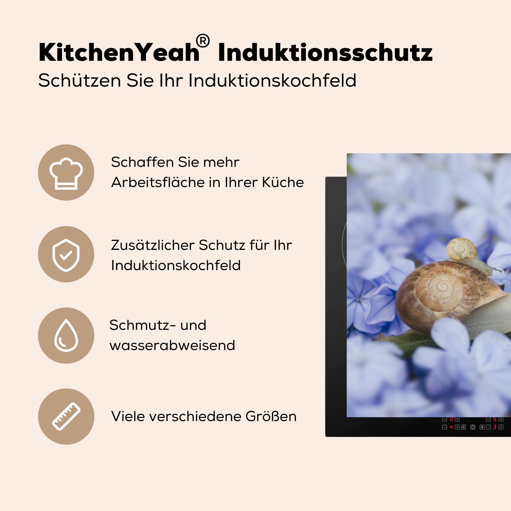 Herdblende-/Abdeckplatte Blumen Ceranfeldabdeckung (1 Induktionskochfeld tlg), MuchoWow küche, für 81x52 die - Schutz cm, Schnecke Vinyl, - Tiere,