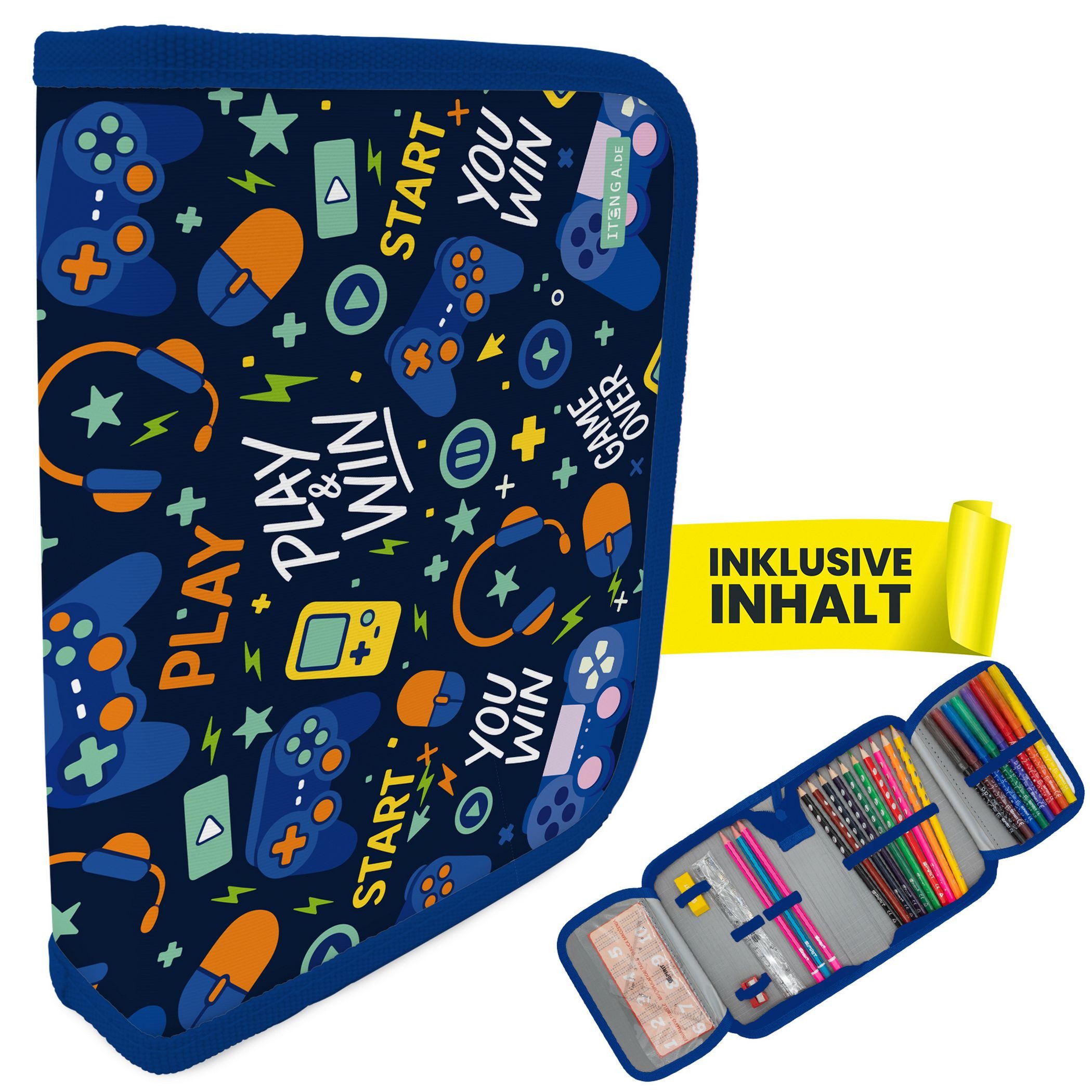 itenga Federmäppchen itenga Schüler-Etui Mäppchen Gaming 28 teilig (gefüllt) 1-Zipper
