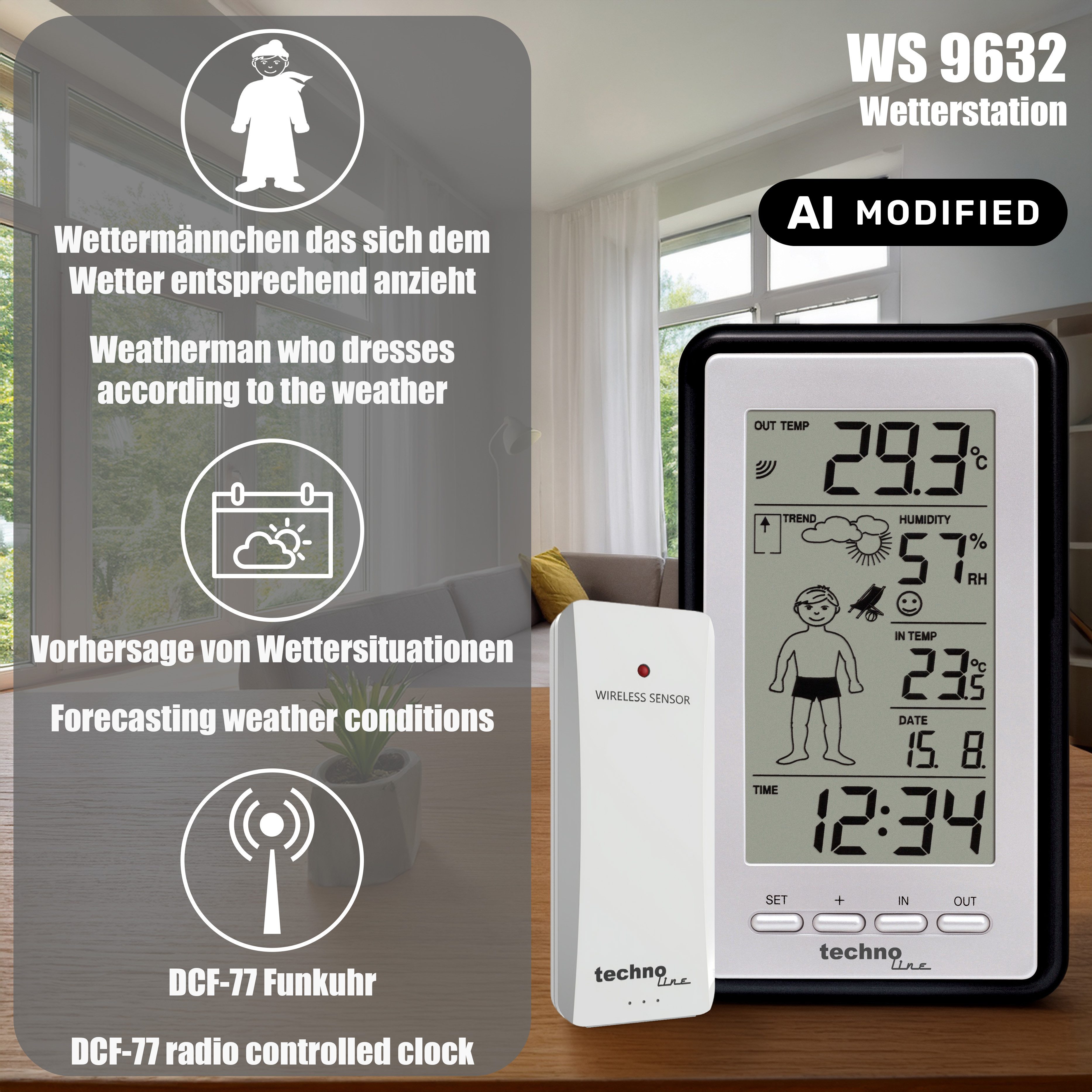 technoline WS 9632 Wetterstation (inklusive Außensender, Wettermännchen zieht sich dem Wetter entsprechend an)
