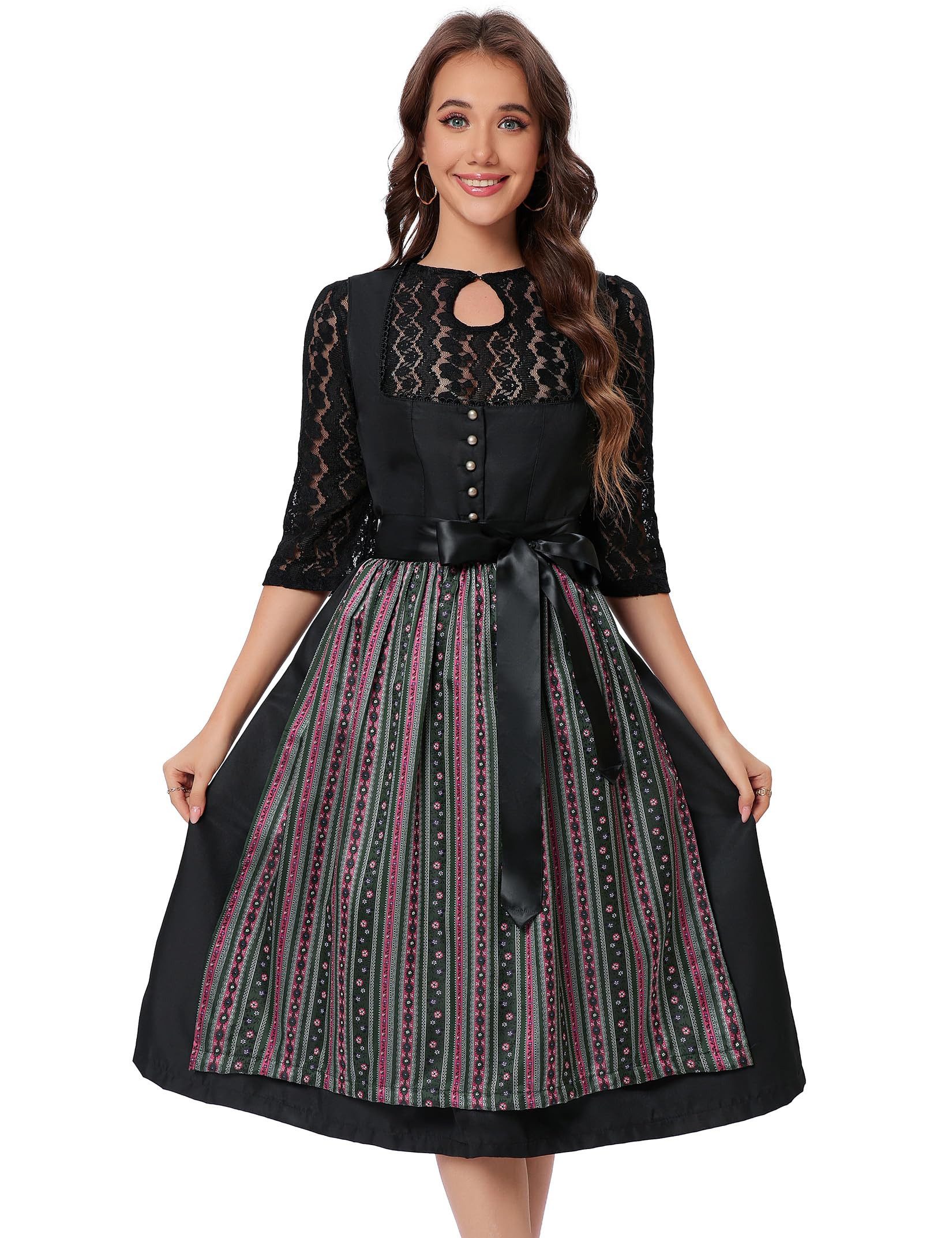 MODISFRAU Dirndl Damen Schwarz Trachtenkleid mit 3 Teilig (Set, 3er-Pack) Jacquard