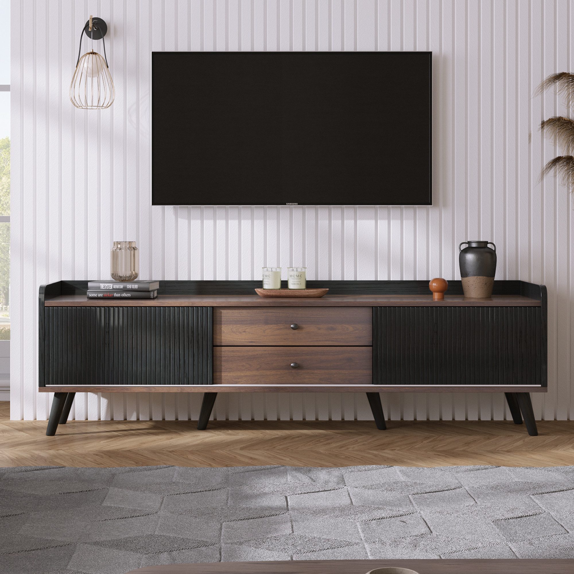 Merax Lowboard mit 2 Schubladen in Holzoptik und 2 Schiebetüren, TV-Board mit verstellbaren Einlegeböden, TV-Schrank, B: 160cm – Bild 3 von 5