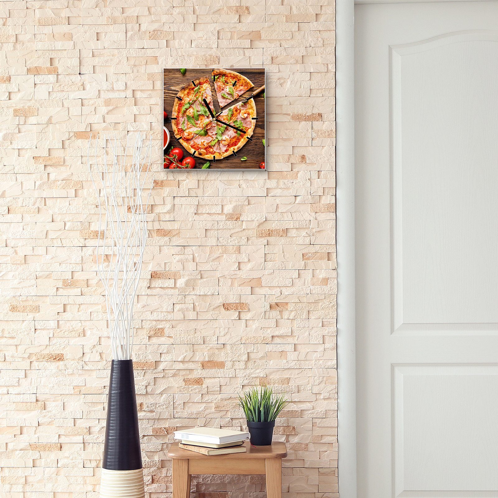 Primedeco Wanduhr Wanduhr auf Glasuhr Motiv x mit Pizza Holzplatte Größe Wandkunst cm 30 30