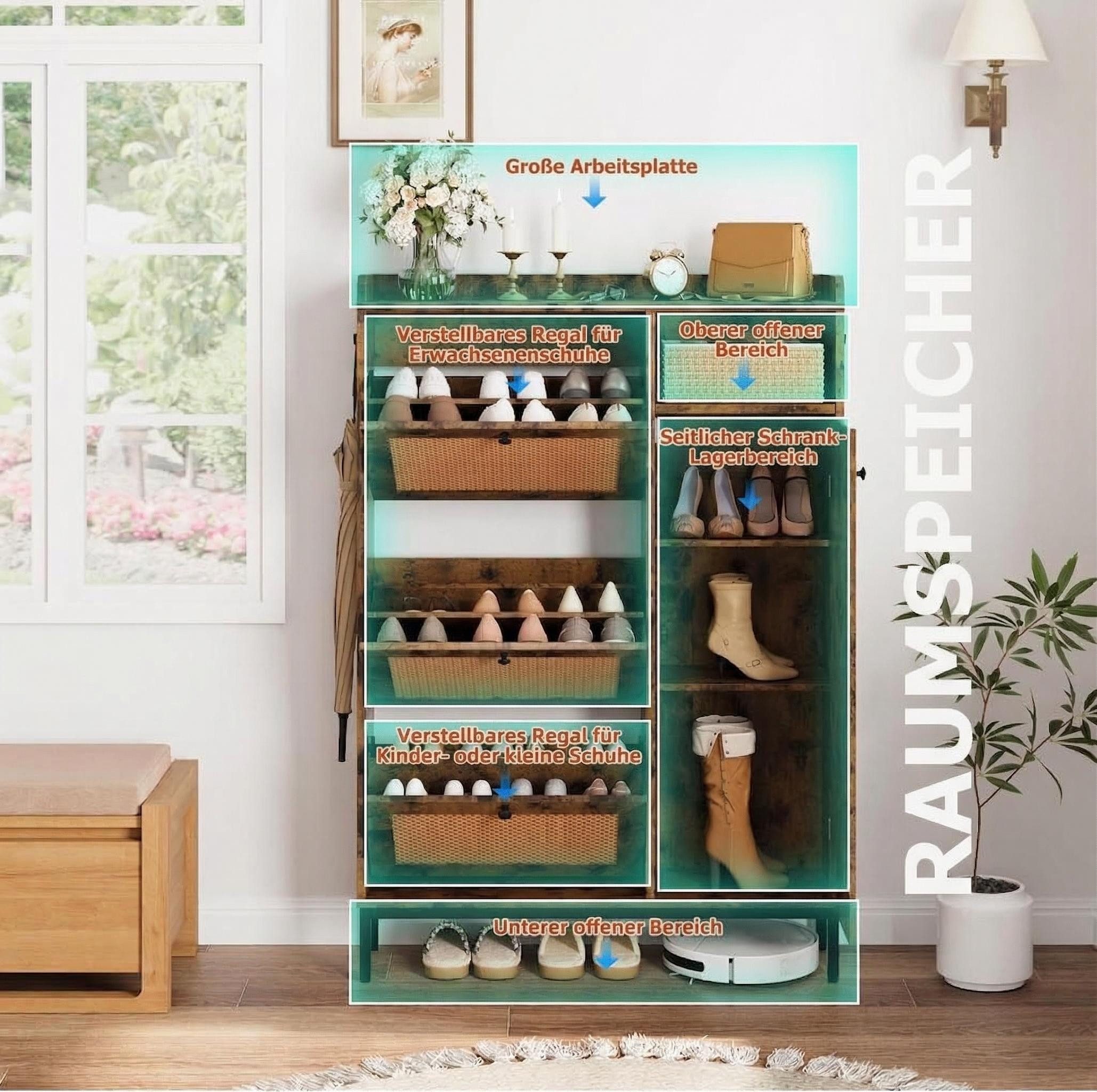 GarveeMore Schuhschrank aus Rattan mit 3 Klappschubladen und 4-stufiger Schuhschrank Schuhschrank mit verstellbaren Regalen für Eingang,Flur,Wohnzimmer – Bild 4 von 5