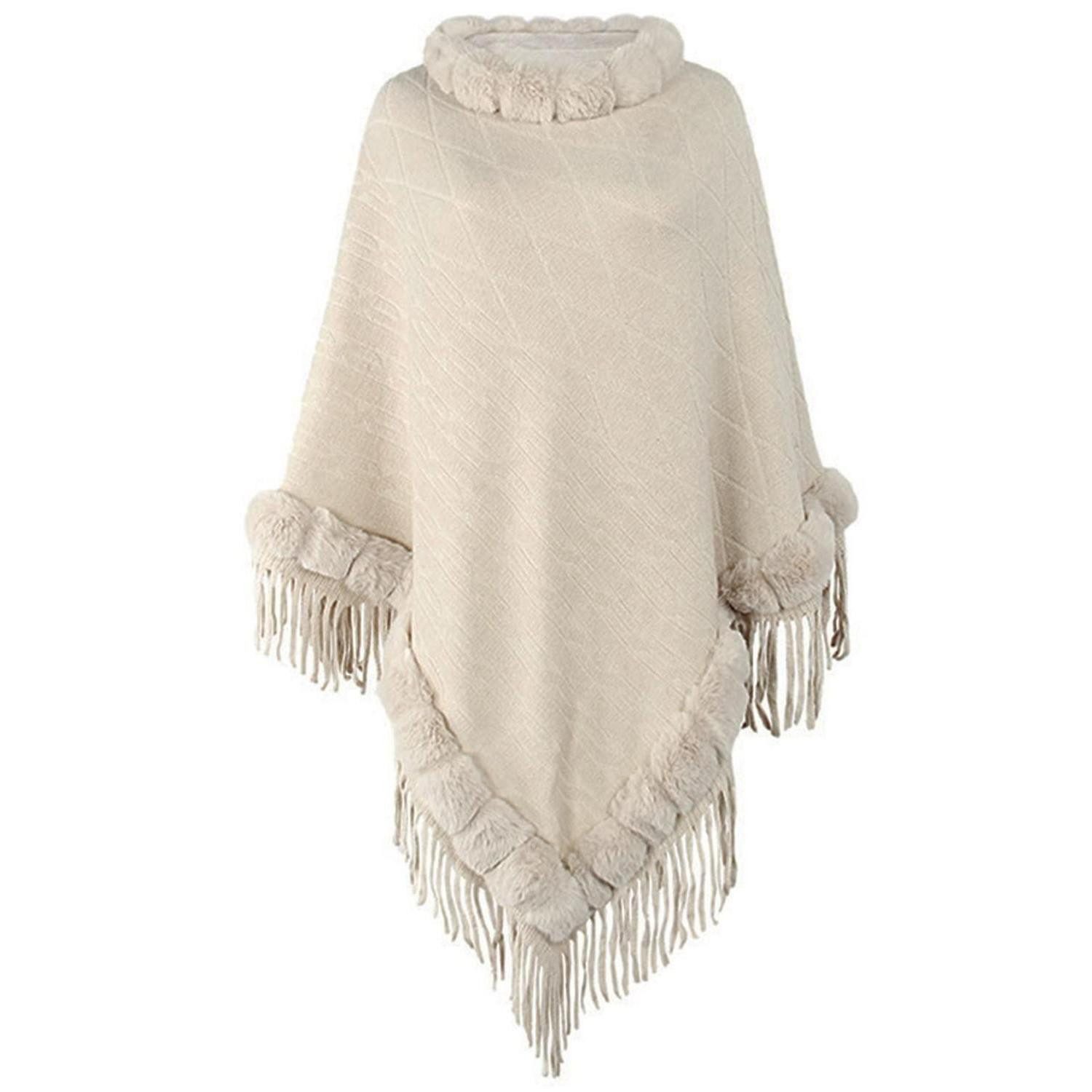 LuxusKollektion Strickschal Damen Poncho Strickpullover mit Fransen Kunstfellkragen beige, (1-St)
