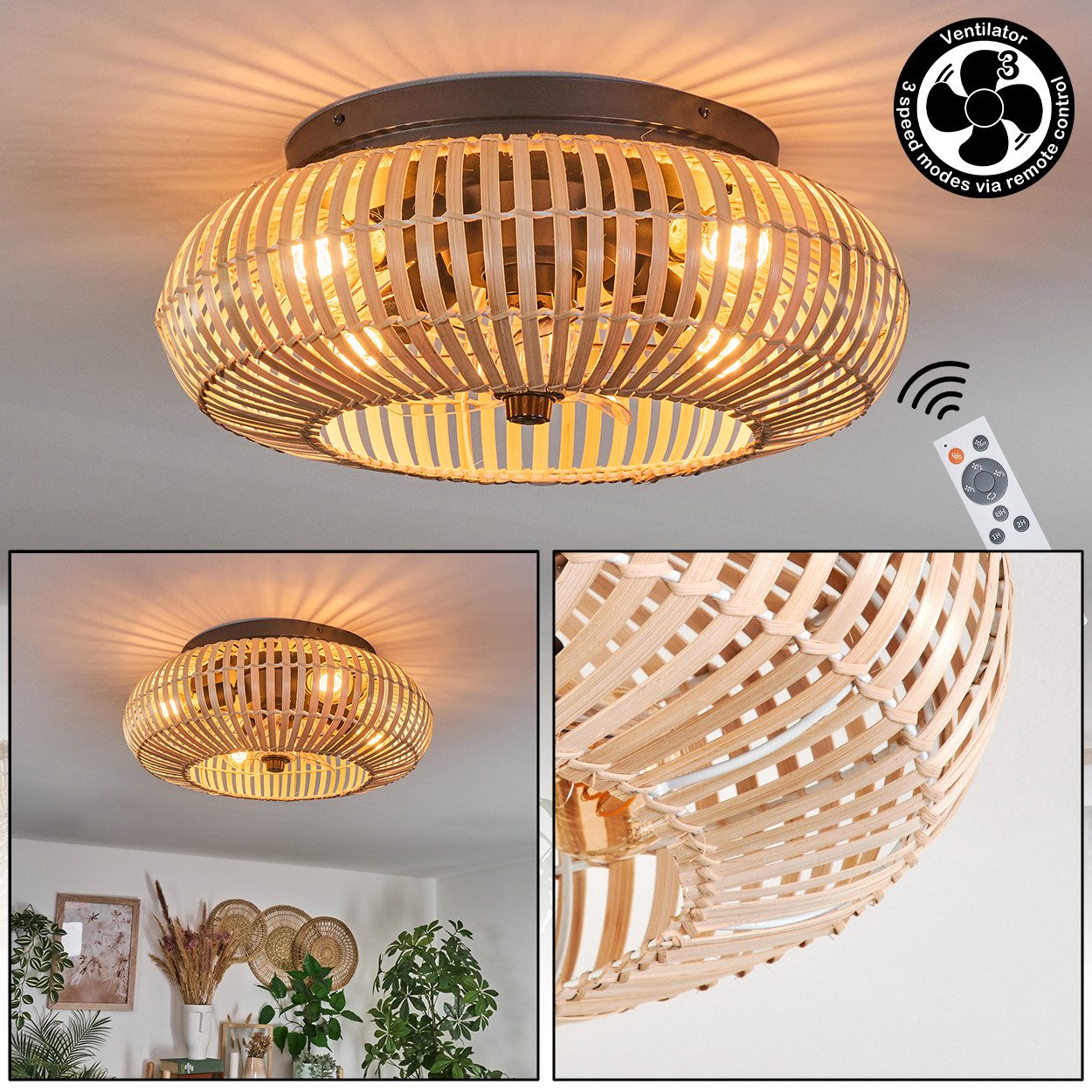 hofstein Deckenleuchte Deckenventilator mit Beleuchtung aus Metall/Bambus, mit Fernbedienung, ohne Leuchtmittel, Auf-/Abwind-Funktion, Lichteffekt, Ø 50cm, 4x E27, ohne Leuchtmittel