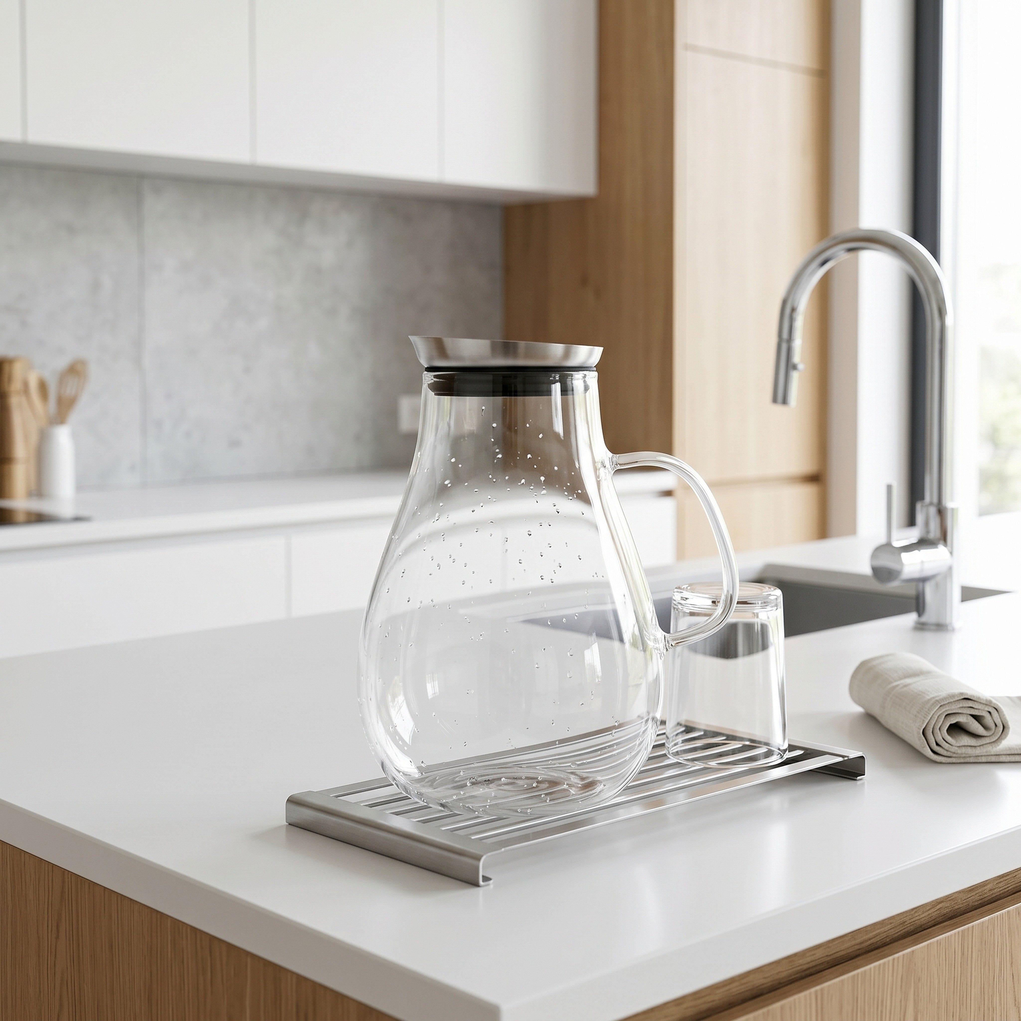 Arendo Karaffe Glaskaraffe 2,0 L, Edelstahldeckel, Henkel, Grobfilter, Wasserkaraffe, (2000 ml mit Edelstahl-Deckel, Grobfilter und ergonomischem Henkel), Borosilikatglas, 2000 ml, Sieb, hitze- und kältebeständig, BPA-frei