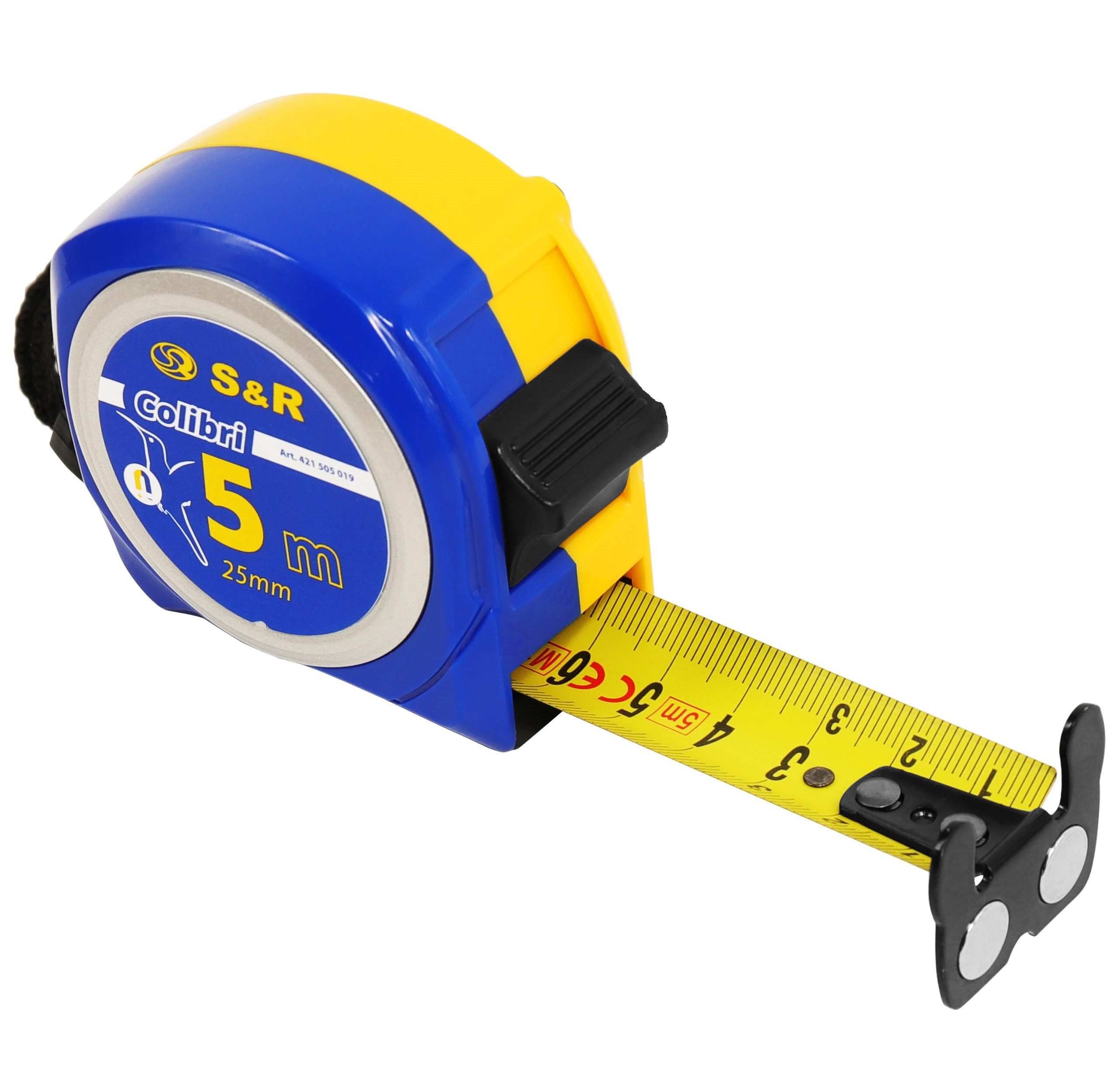 S&R Maßband 5m x 25 mm mit Magnet-Haken, KOMPAKT und ROBUST, Nylon-Polymer, BEIDSEITIG bedruckt, Gürtelschlaufe, COLIBRI - Serie