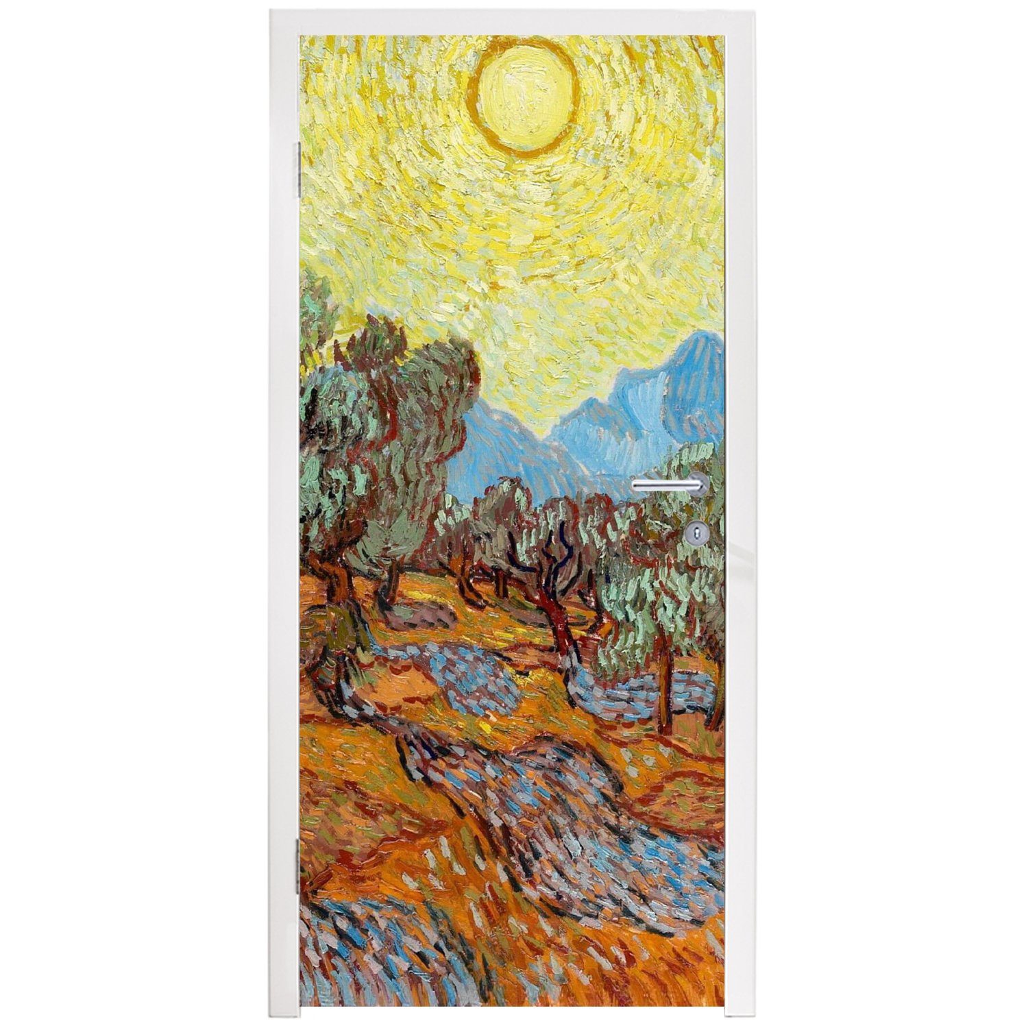 Sonne gelbem (1 Gogh, und Olivenbäume Türtapete Himmel bedruckt, - van Matt, cm MuchoWow Fototapete für Tür, St), 75x205 Vincent mit Türaufkleber,