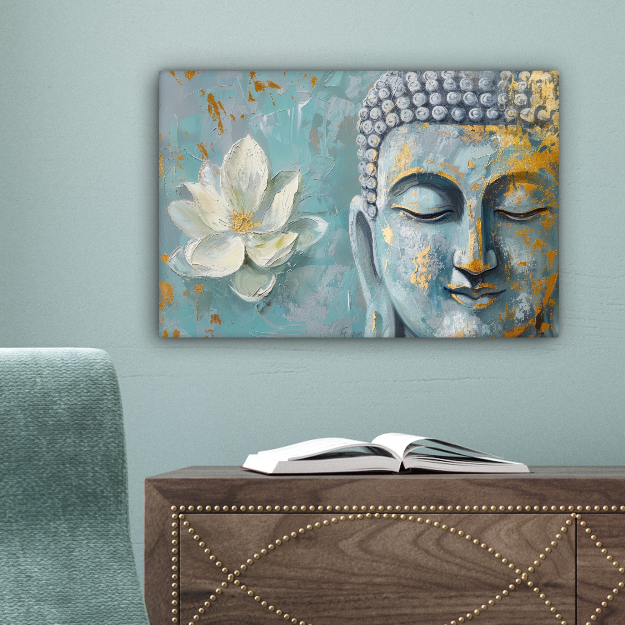 OneMillionCanvasses® Leinwandbild Buddha - Blume - Lotus - Gold - Blau, Fotodruck (1 St), Leinwand Bilder Klein, Wand Dekoration Aesthetic 30x20 cm