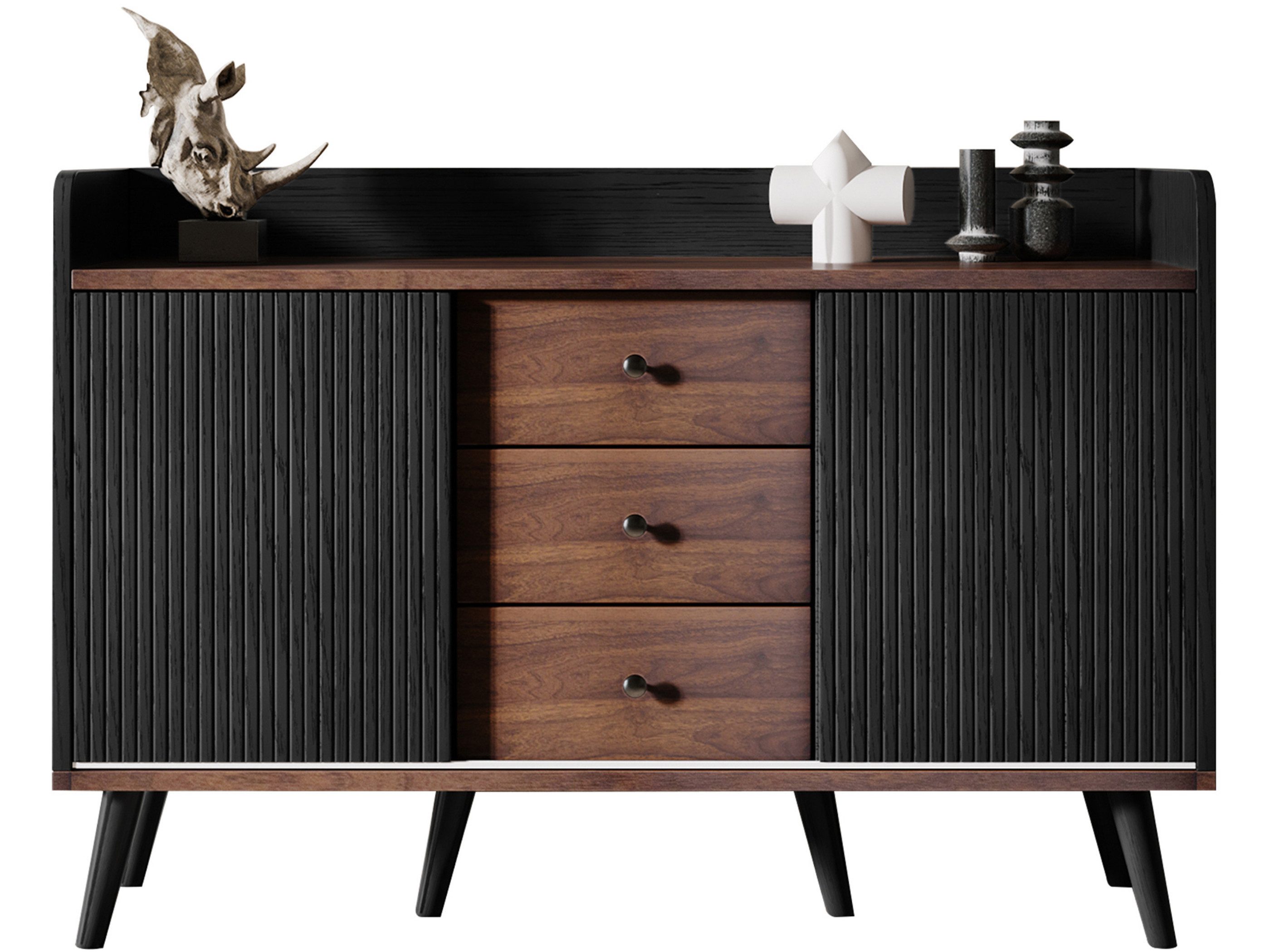 SeedWave Sideboard Moderne Gestreifte Kommode Schrank mit Schiebetüren und Schubladen, Verstellbare Einlegenböden, Schutzgeländer zum Rausfallschutz