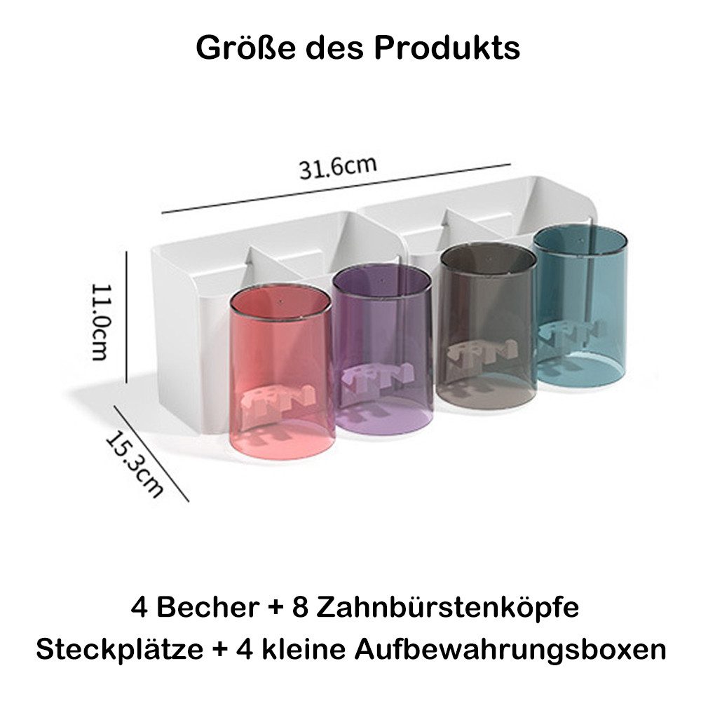 TUWENA Zahnbürstenhalter Zahnbürstenhalter, 4 Tassen + 8 Ablagefächer für Zahnbürstenköpfe