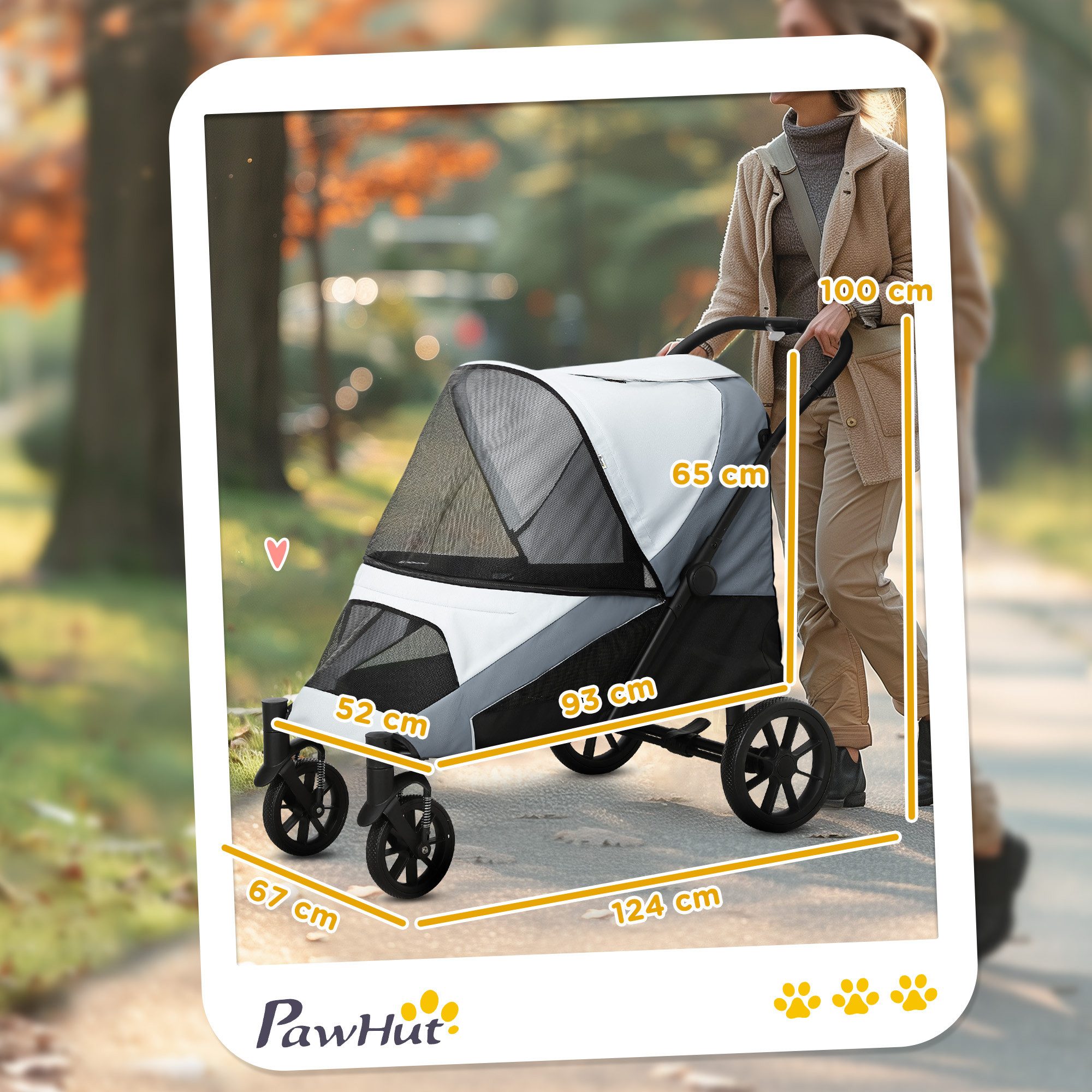 PawHut Hundebuggy klappbar, mit Kissen, Netzfenstern, Türen, Aufbewahrungstasche, (Katzenwagen, 1-tlg), für große Hunde & Katzen bis 30 kg, Grau