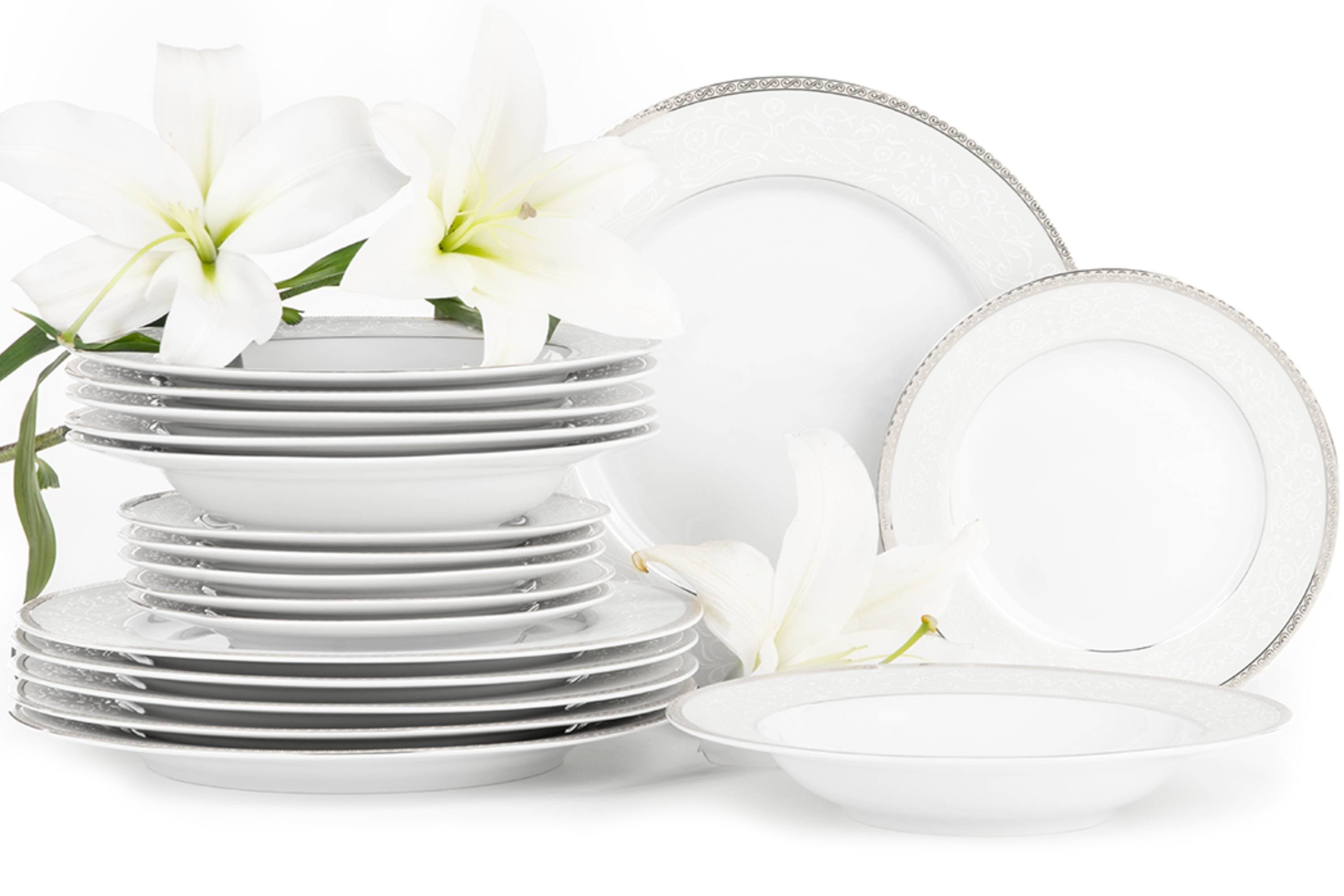 KONSIMO® Сервірування столу AGAWA Speiseteller Dessertteller Suppenteller (18-tlg), 6 Personen, Porzellan, ⌀27/ ⌀19,5/ ⌀23,5 cm